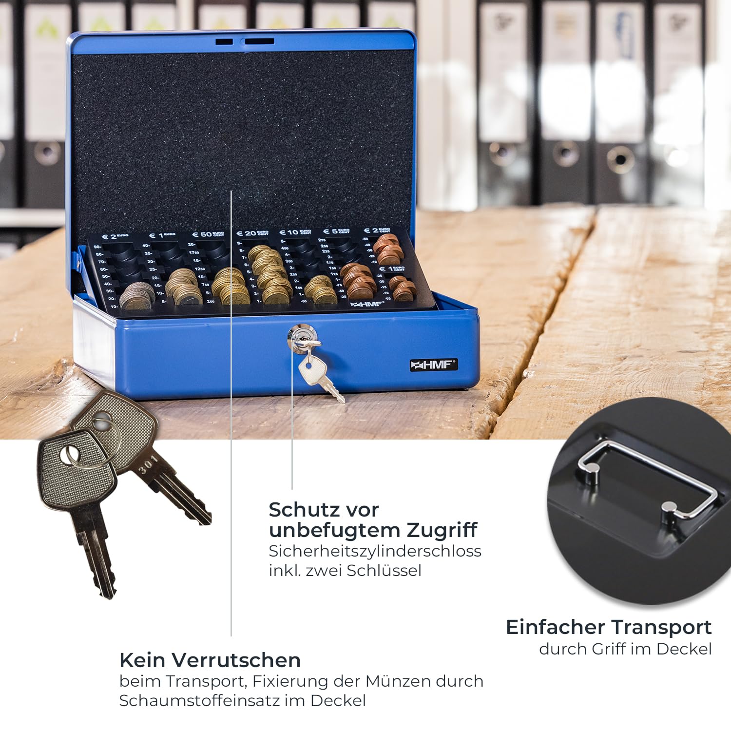 HMF 10015-02 Geldkassette abschließbar mit Münzzählbrett | 30 x 24 x 9 cm | Schwarz