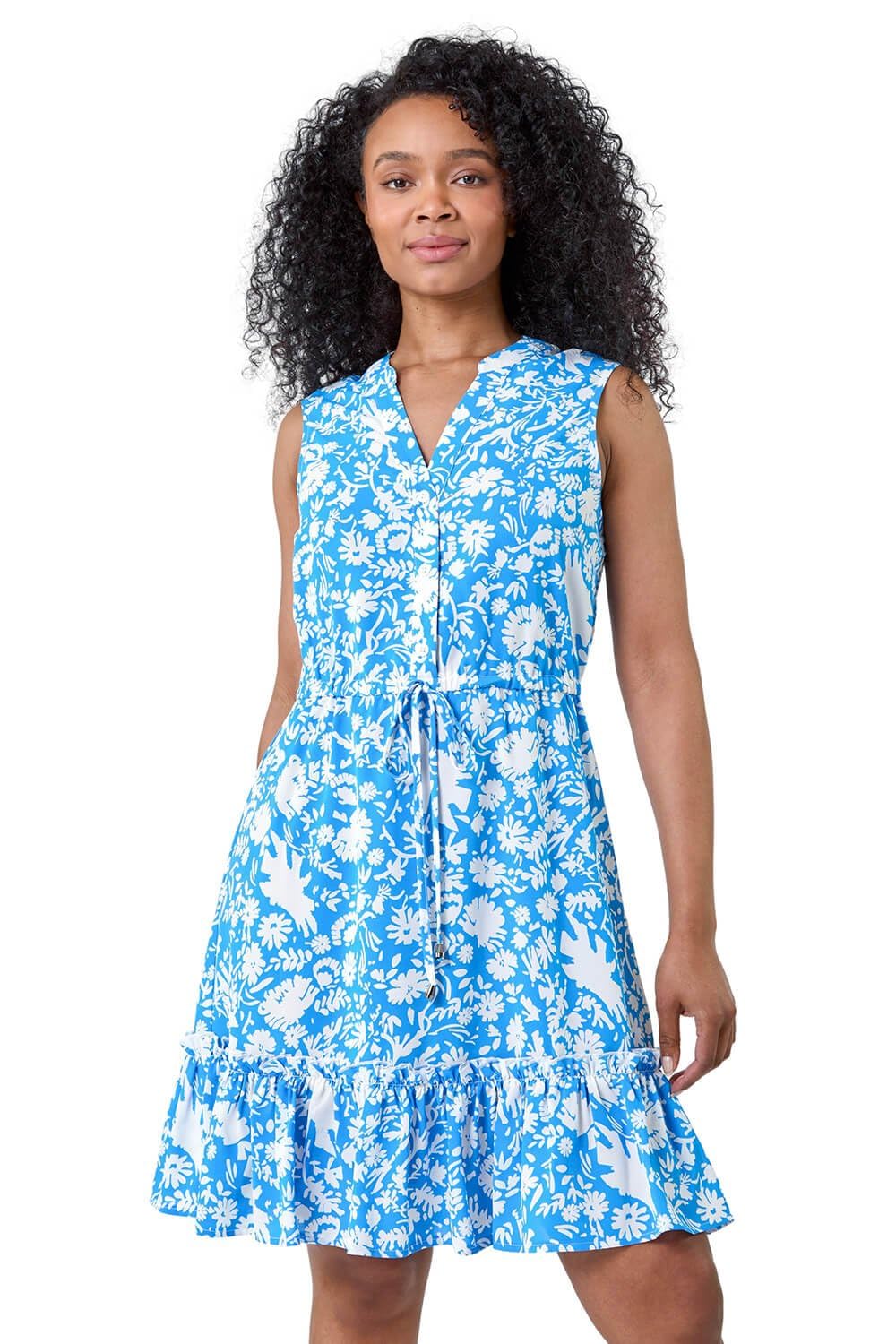 Roman Originals Women's Petite Blue Roman Petite Textured Cotton Frill Tunic Dress For Uk - Everyday Holiday Spring Summer V-Neckline Comfy Soft Evening Vacation Work Party - Size 18 Petite
