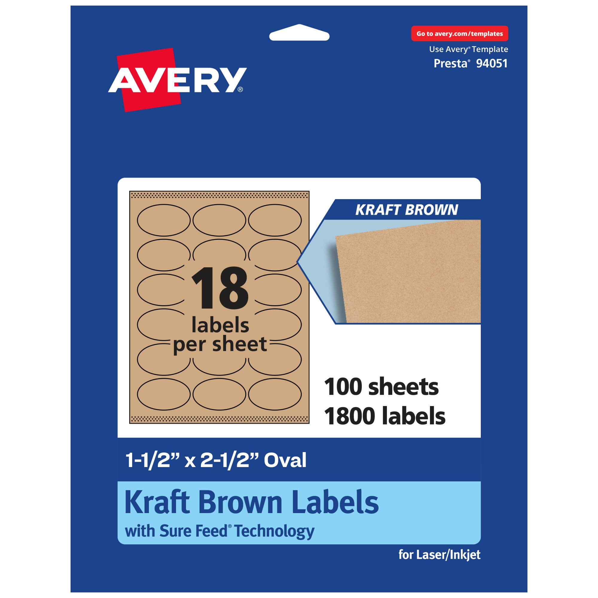 Avery Kraft Brown Oval Labels with Sure Feed, 1.5" x 2.5", 1,800 Kraft Brown Labels, Laser/Inkjet Printable Labels