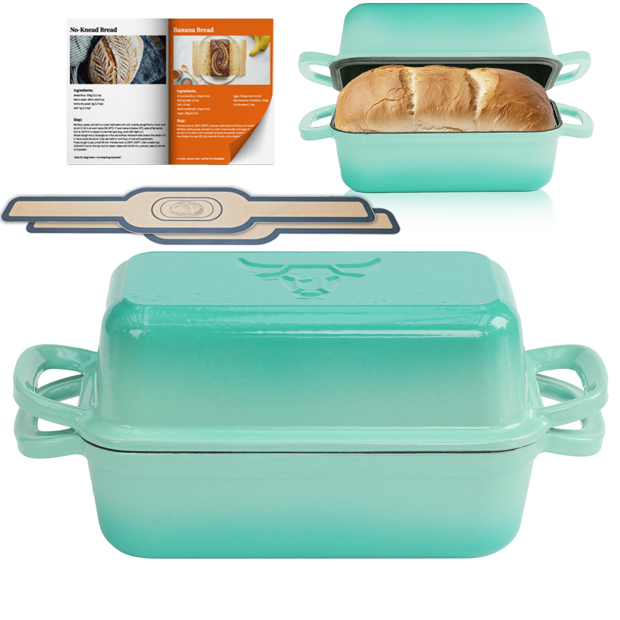 Brotbackform aus Gusseisen mit Deckel, Gusseisen Topf Brot Backen mit 2 Brotmatten Silikon, Emaille Brotbackform für Sauerteig, Robuste Brotbackformen zum Brotbacken im Ofen,Formen für Brotlaibe(BLUE)