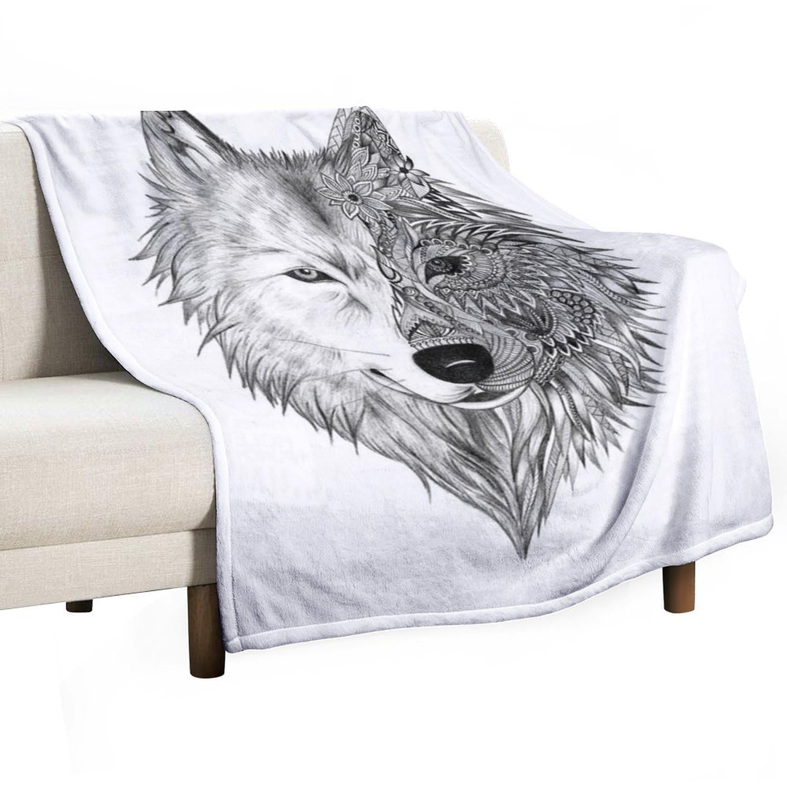 Couverture en flanelle douce motif loup gris pour lit et bureau