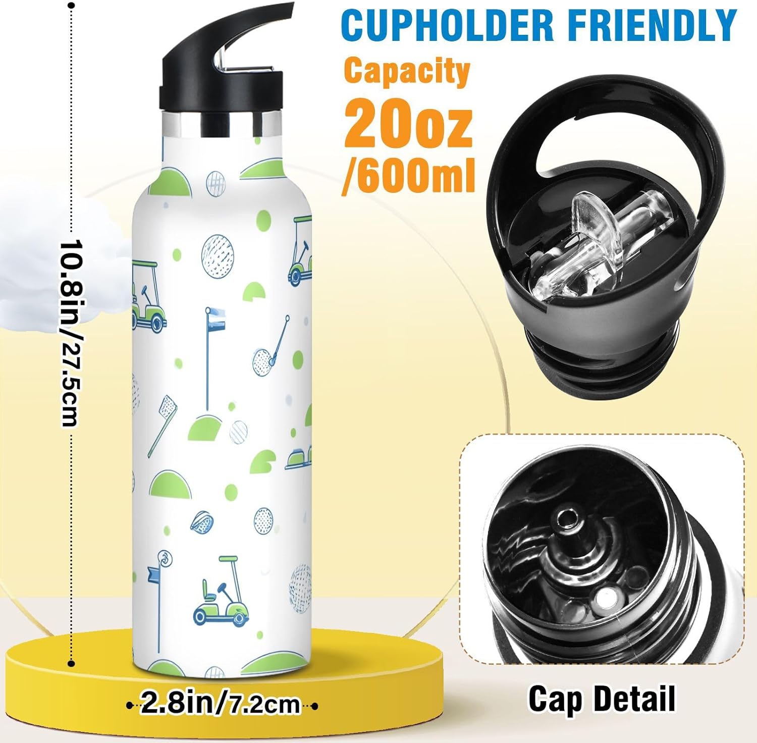 Insulated Water Bottle with Straw Golf Pattern Sports 20 Oz Kids Stainless Steel Water Flask Sports Travel Mug for Boys Girls