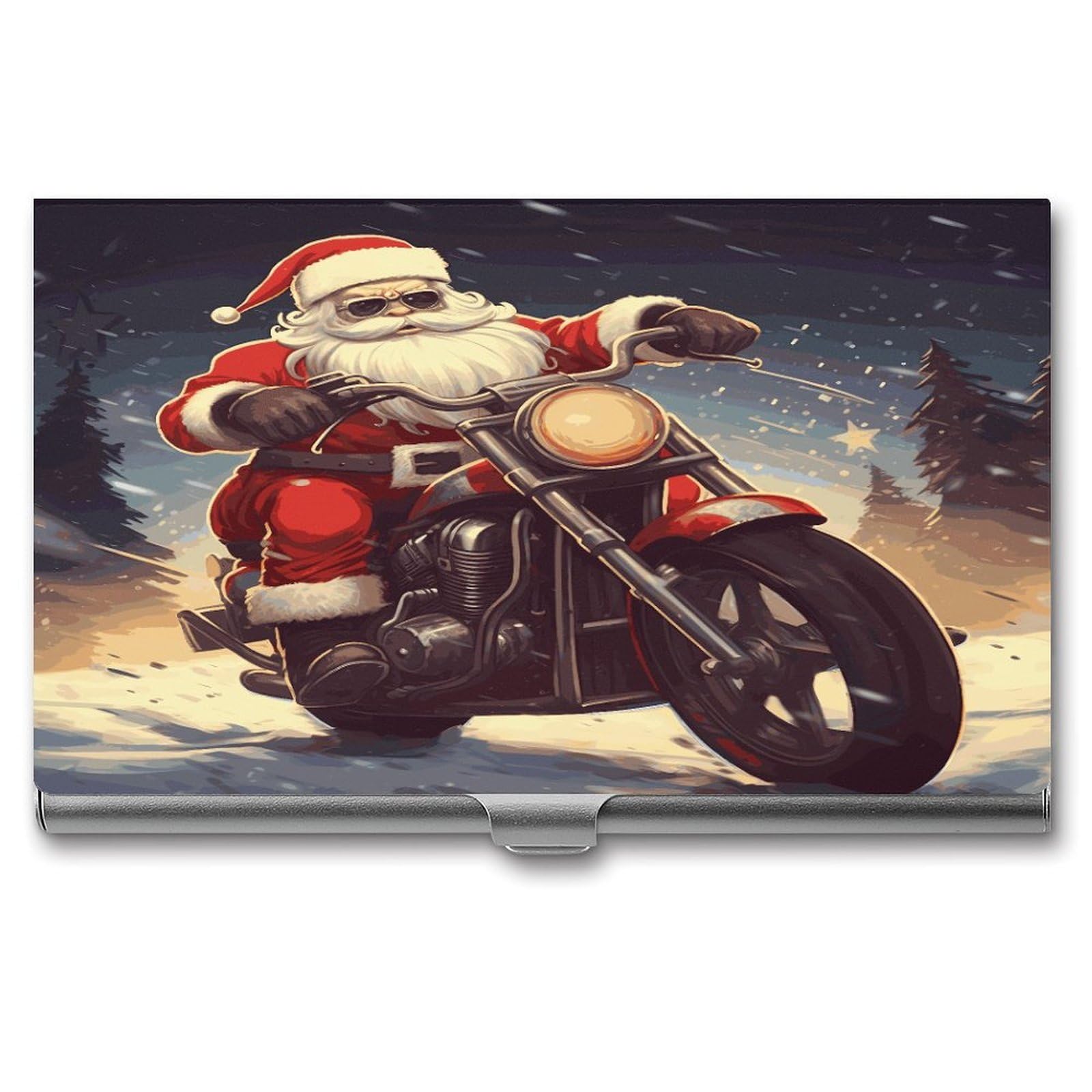 LDGSUPH Santa Claus Biker Riding Business Card Holder Fashion Slim Name Card Holder Minimalist Design Case Metal Card Carrier Personalized Business Card Case with Flip for Men Women