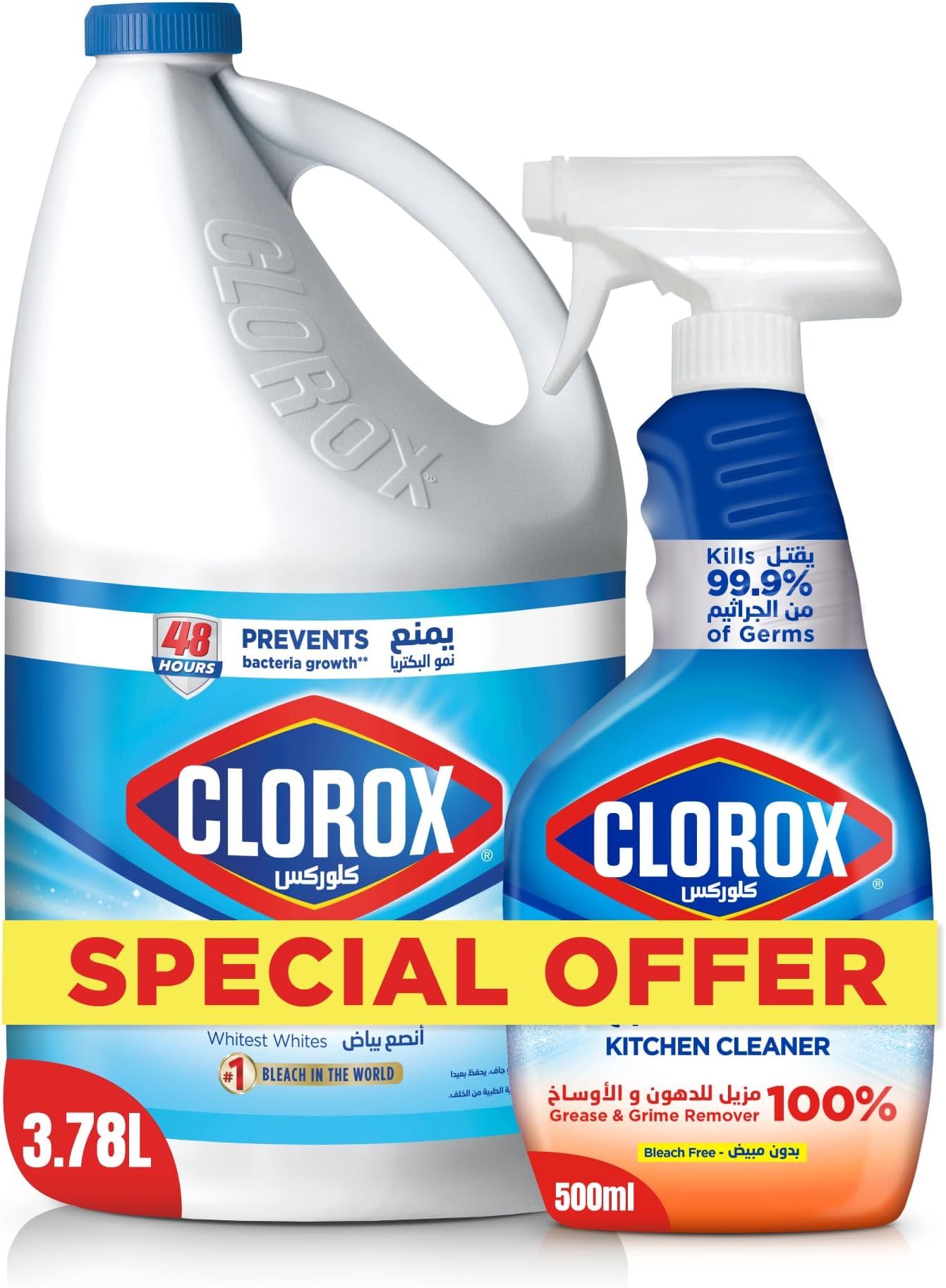 Bleach Liquid Original Scent 3.78L and Clorox Spray Kitchen Cleaner, 500ml, Disinfectant Spray, Bleach Free
