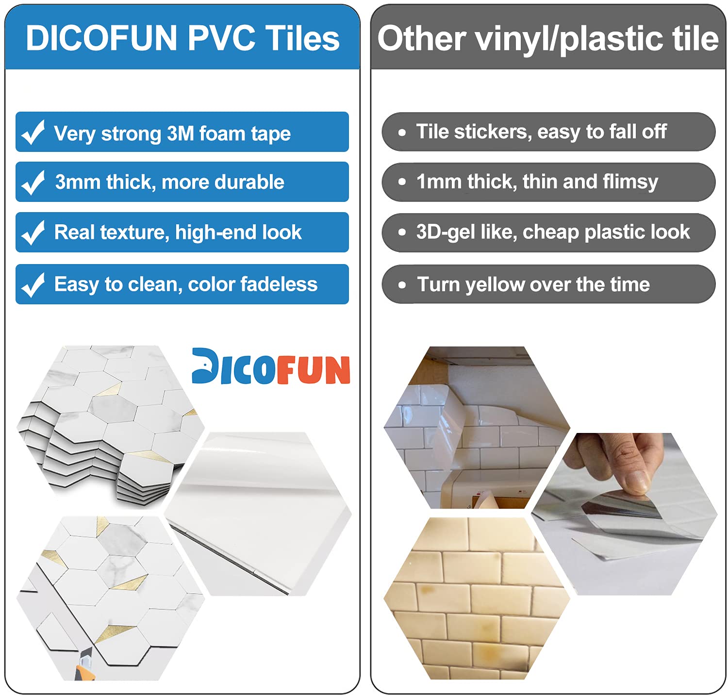 DICOFUN 10 Sheets Hexagon Tile Peel and Stick Backsplash, White Marble