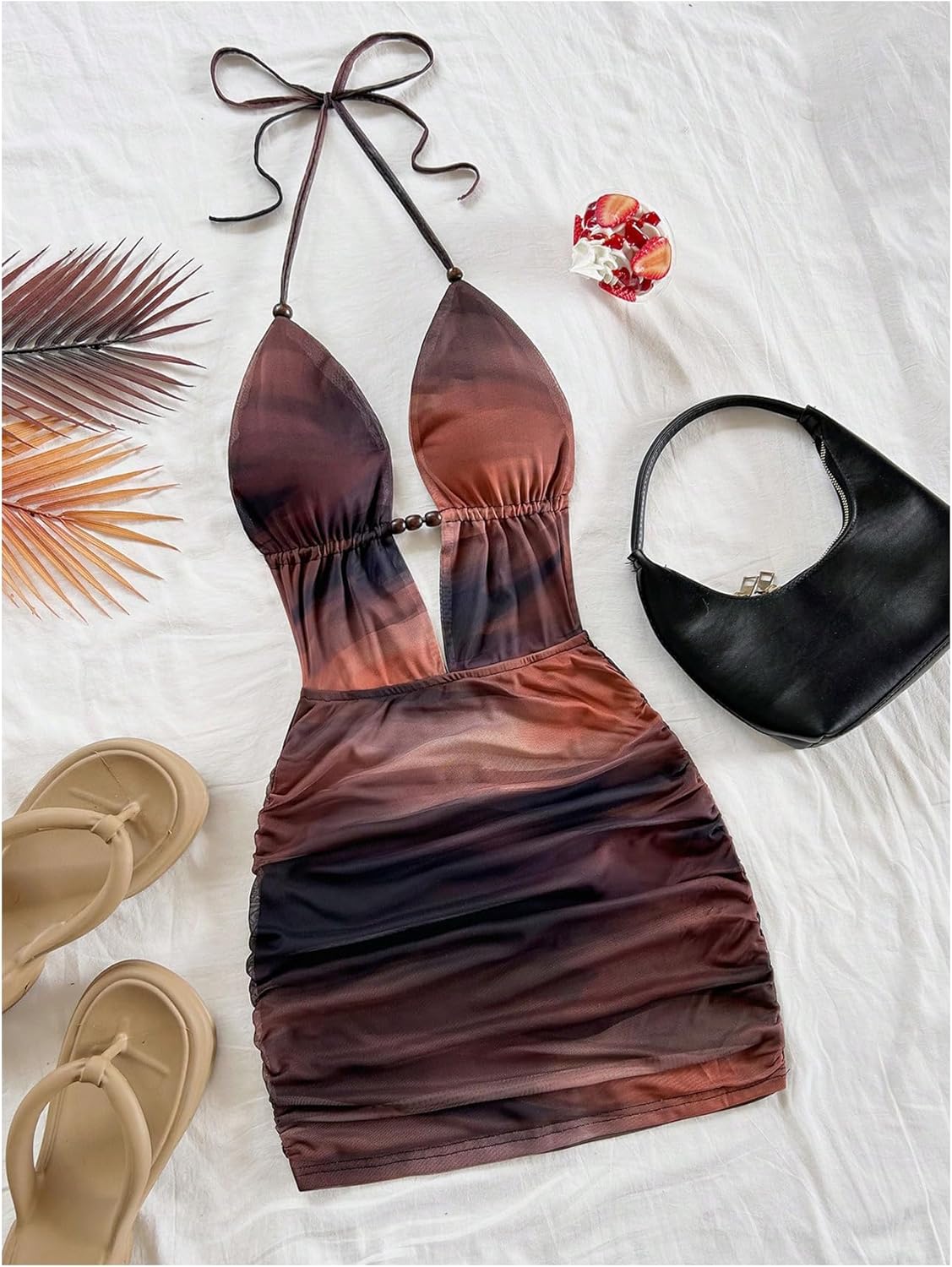 GORGLITTER Women's Mesh Beaded Halter Mini Dress Cocktail Party Tie Backless Y2K Night Out Bodycon Dress - Image 2