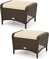 RELAX4LIFE 2-Piece Beige Wicker Outdoor Ottomans with Removable Cushions - Versatile Patio Footrests, Extra Seating & Side Tables for Porch, Garden, Balcony
