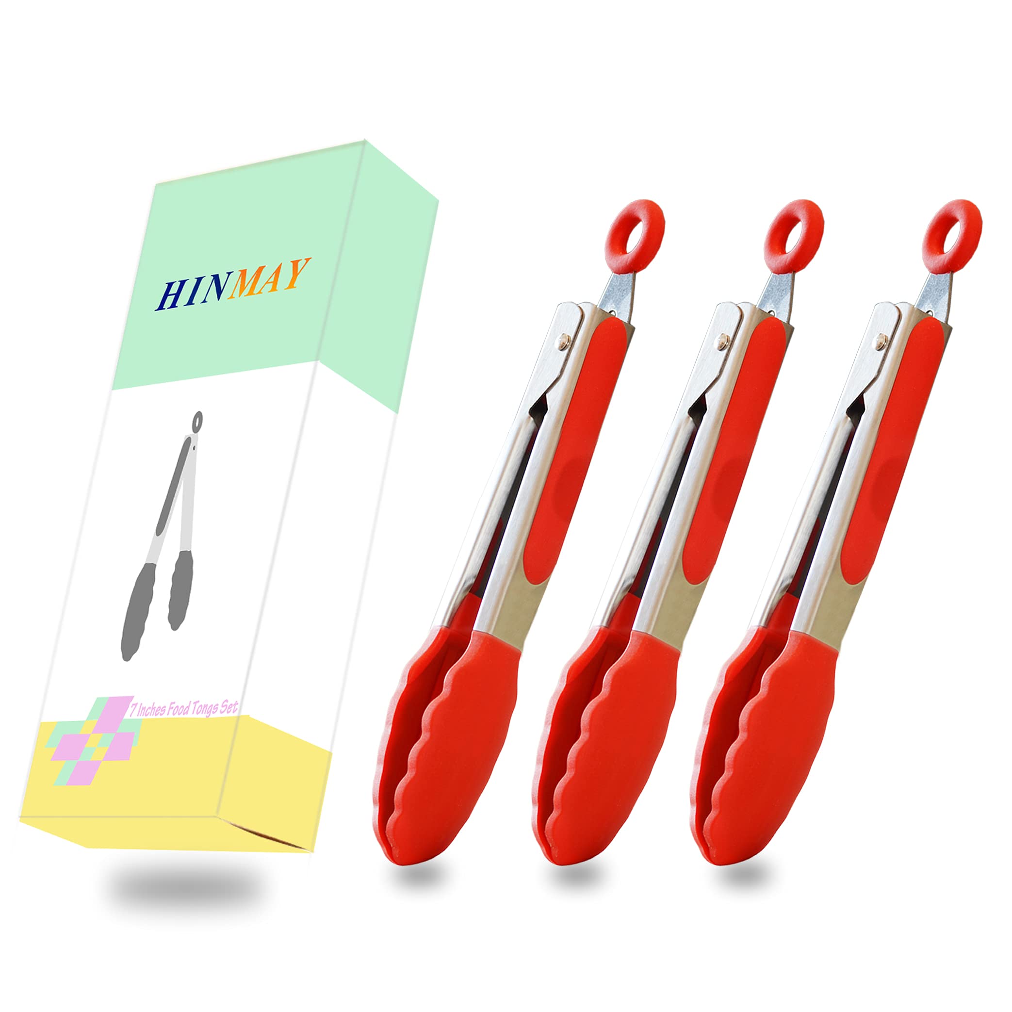 HINMAY Mini pinzas de silicona de 7 pulgadas, pinzas pequeñas para servir, juego de 3 (rojo)
