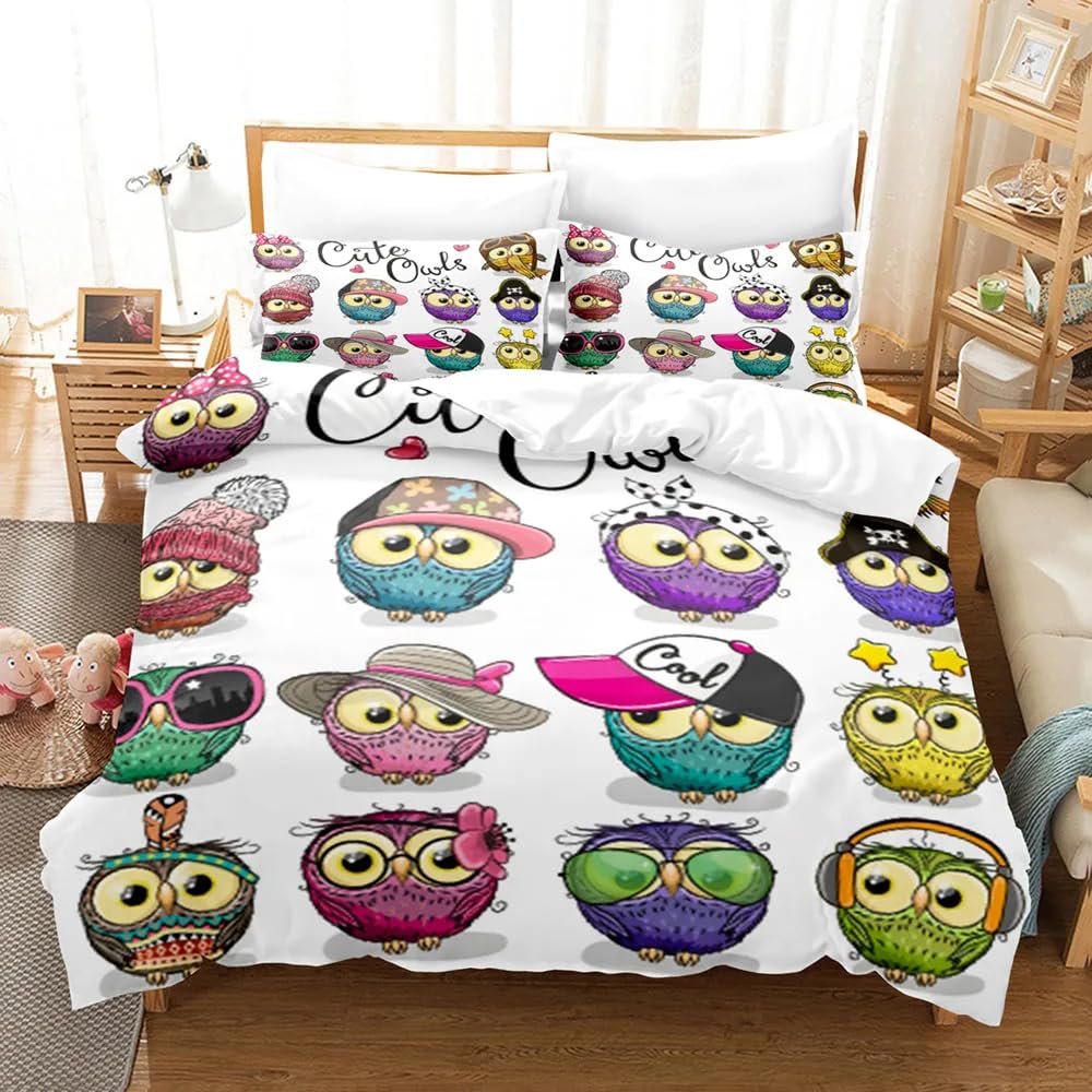 QBIDCSX King Size Duvet Cover Sets Owl King Size Bedding Sets Patterned Bed ding 230x220 cm and 2 Pillowcases 50x75 cm with Zipper - Warm & Ultra Soft Brushed Microfiber