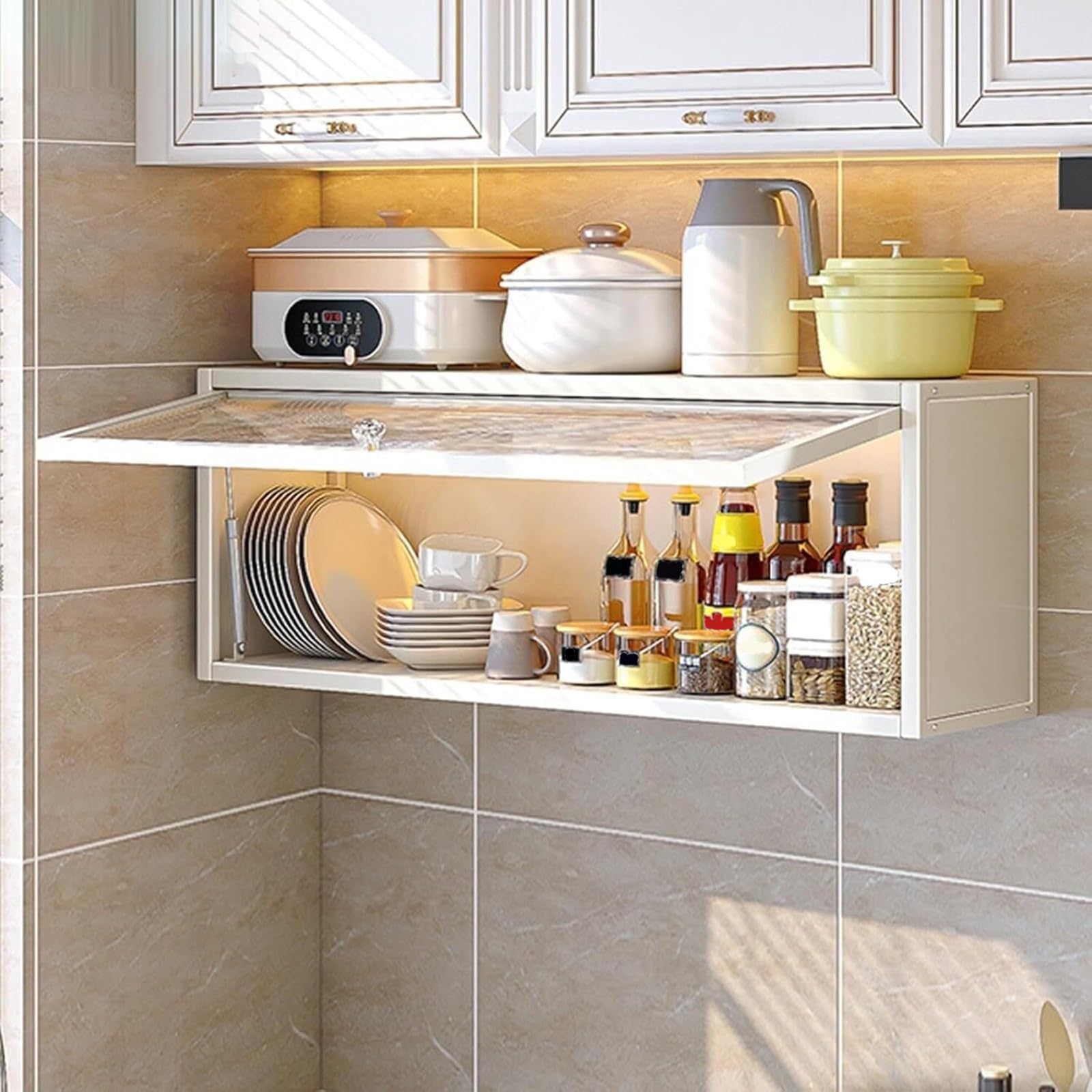 Küchengewürzregal, Wandmontierter Lagerschrank, Großraum-Küchengeschirr-Lagerschrank, staubdicht, stanzfrei, mit durchscheinender Klapptür, Küchenbesteckschrank White,80