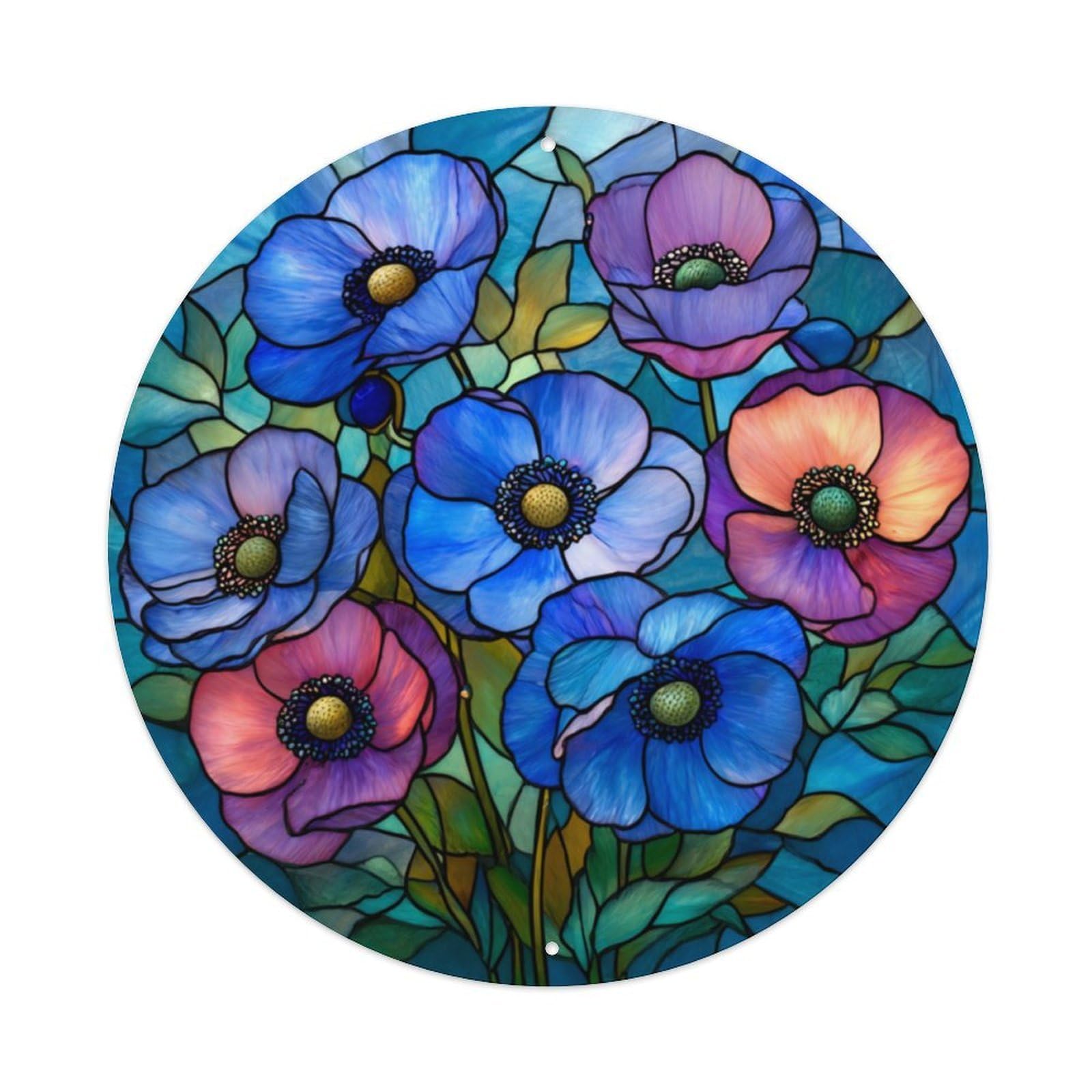 Stained Glass Poppy Flower Round Tin Sign Vintage Aluminium Metal Sign, Retro Wall Decor for Home, Bar, Garage & Farmhouse 20x20cm