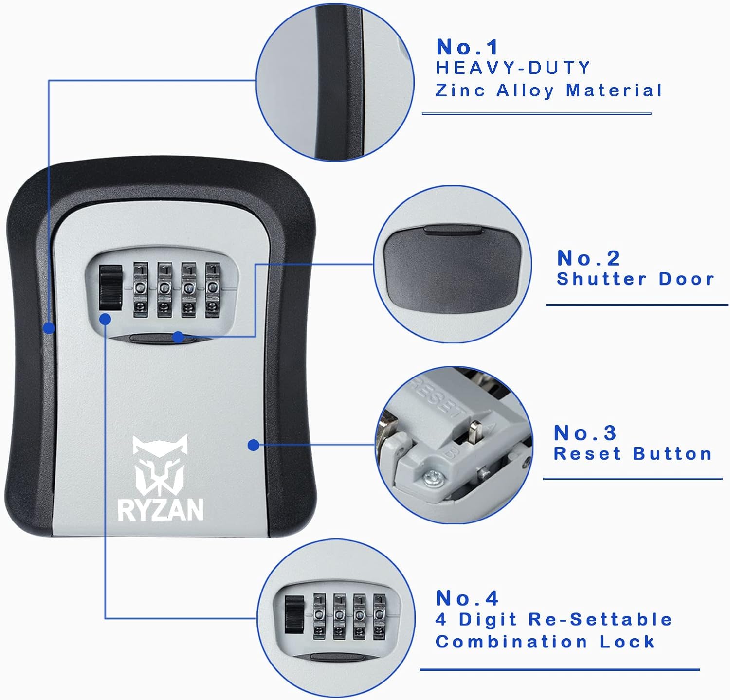 RYZAN Key Safe Box 4 Digit Combination Code WallMounted Heavy Duty