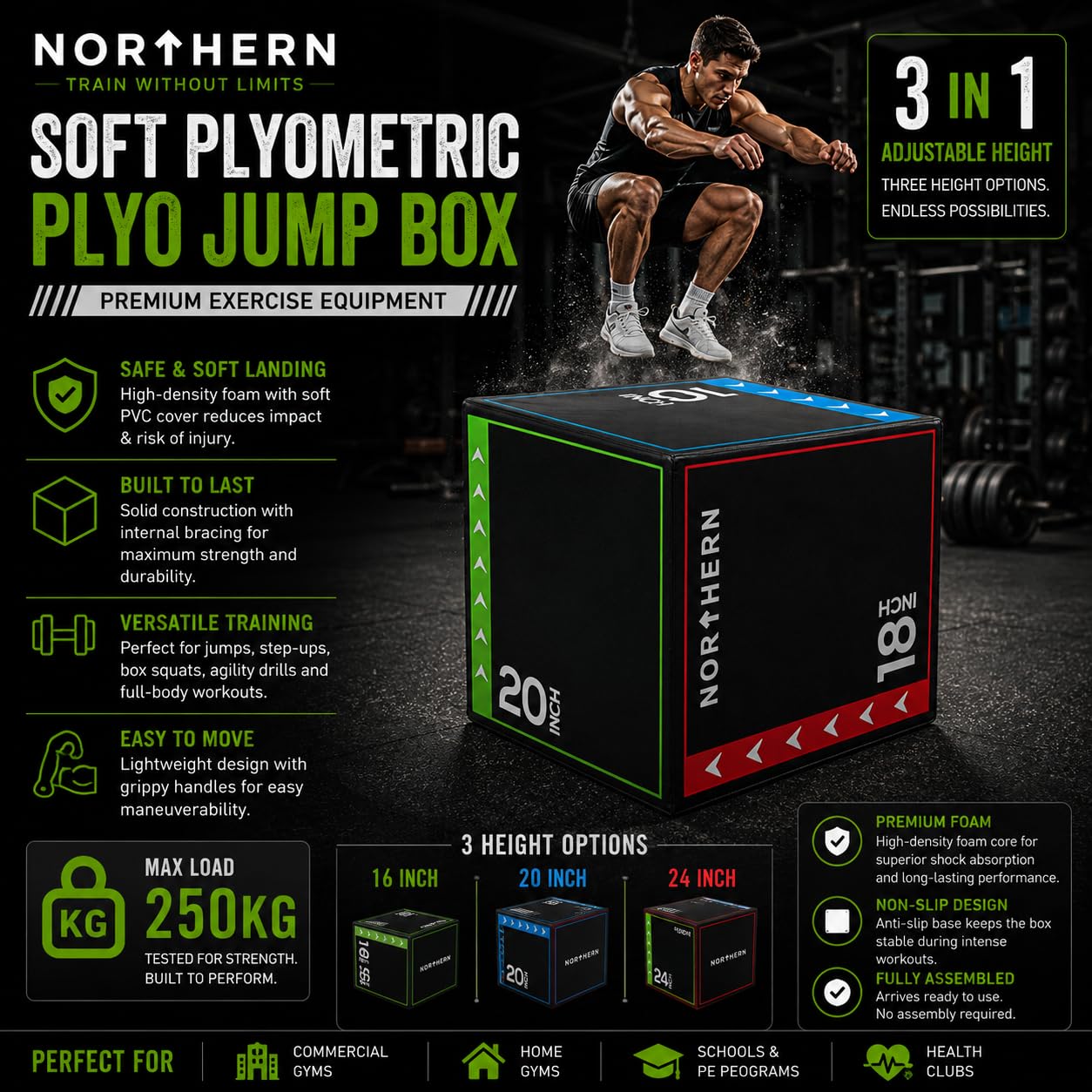 Caja de Salto Suave Pliométrica Plyo 3 en 1 para Gimnasio en Casa Ejercicio MMA Escalón Potencia Entrenamiento de Fuerza Aeróbico Crossfit Entrenamiento al Aire Libre Equipo de Fitness Premium Plyobox