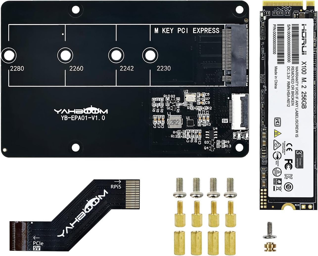 Yahboom M.2 NVMe to PCIe Adapter M.2 HAT+ for Raspberry Pi5 Support M.2 NVMe SSD 2230 2242 2260 2280 Support Install Pi5 Heatsink with 256GB M.2 SSD Nvme (PCIe Adapter+256GB SSD)