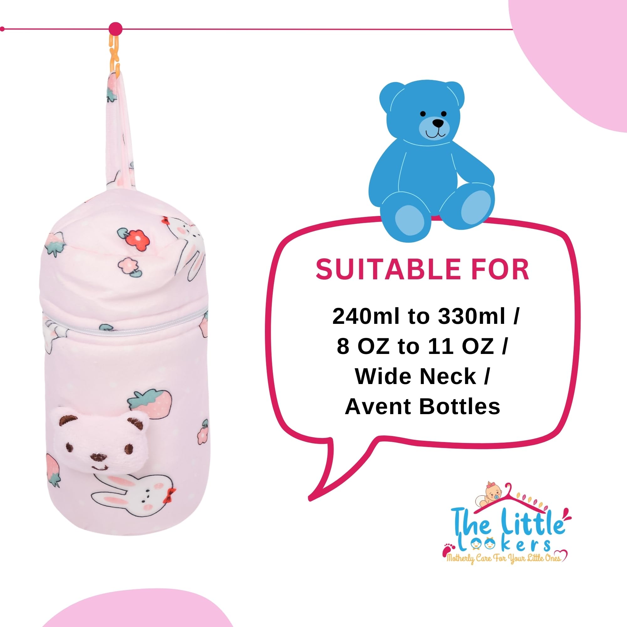THE LITTLE LOOKERS Soft Plush Stretchable Baby Feeding Bottle Cover with Easy to Hold Strap (Zip Closure 330ml/11oz, Pink & Blue) - Image 2 thumbnail
