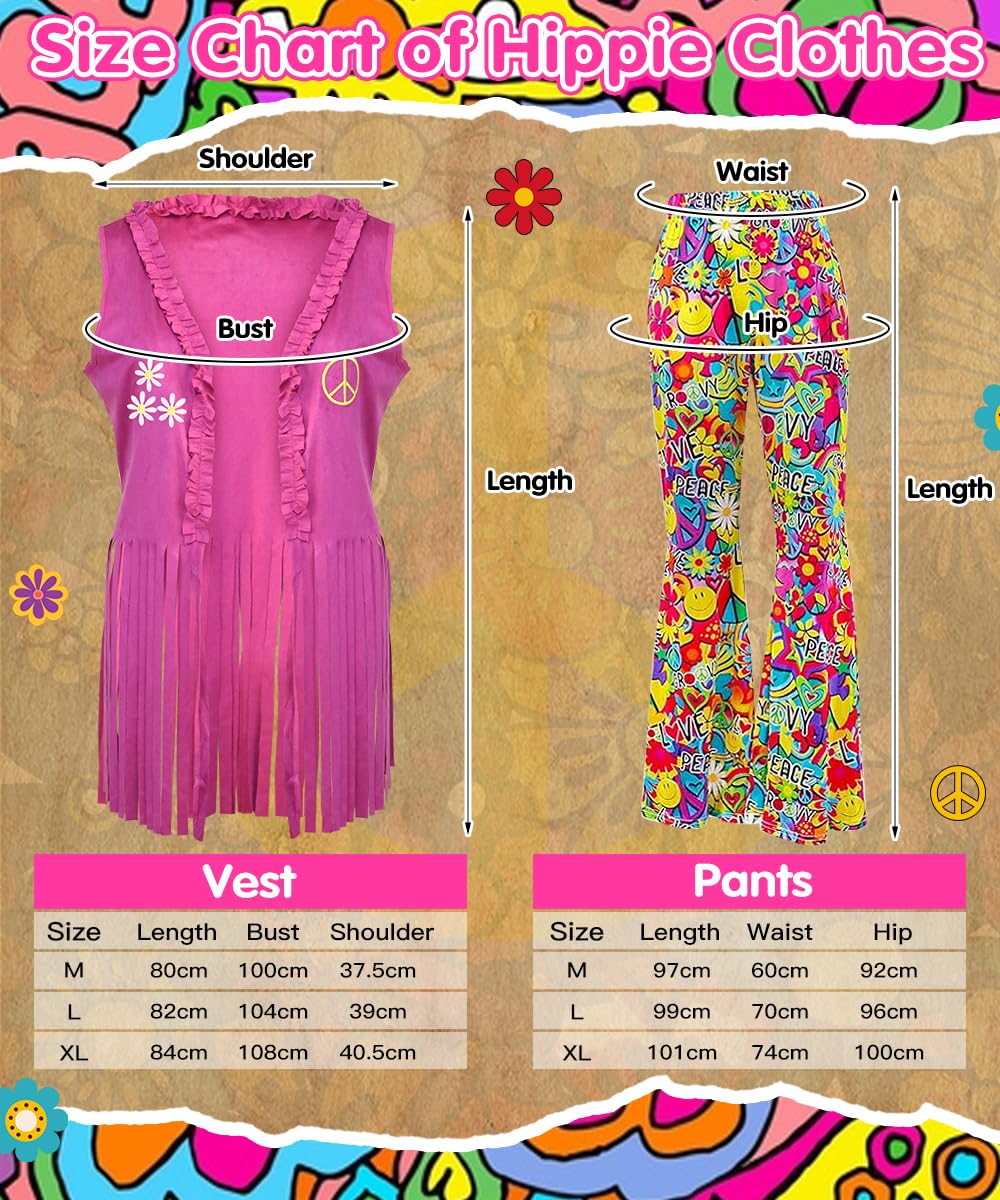 Hippie Kostüm Damen, 70er Jahre Outfit mit Hose, Weste, und Accessoires, Kostüms Damen Fasching, 60er 70er Jahre Kostüm Hippie Kleidung für Karneval, Cosplay und Partys