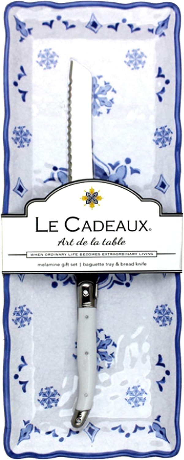 Le Cadeaux Melamine Baquette Tray with Bread Knife Gift Set,Moroccan Blue