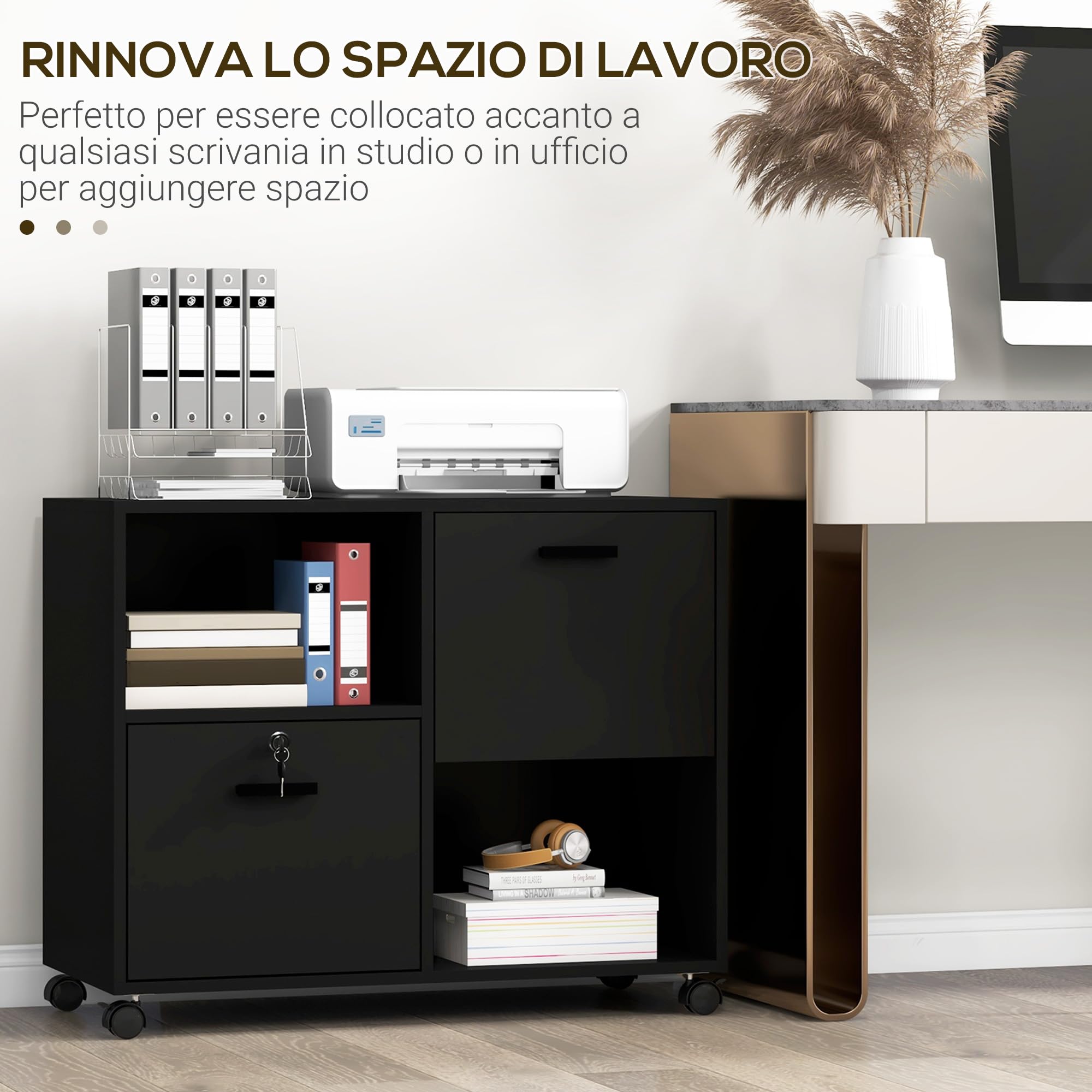 Vinsetto Cassettiera da Ufficio 2 Cassetti Porta Documenti 80x40x66cm Nero | Ripiani Aperti in Truciolato, Maniglie in Acciaio, Ruote con Blocco