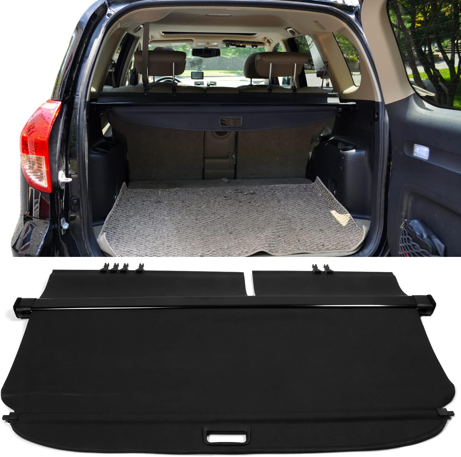 IKON MOTORSPORTS, Retractable Rear Cargo Cover Compatible with 2006-2012 Toyota RAV4, Factory Trunk Space Organizer Security Cover, Black