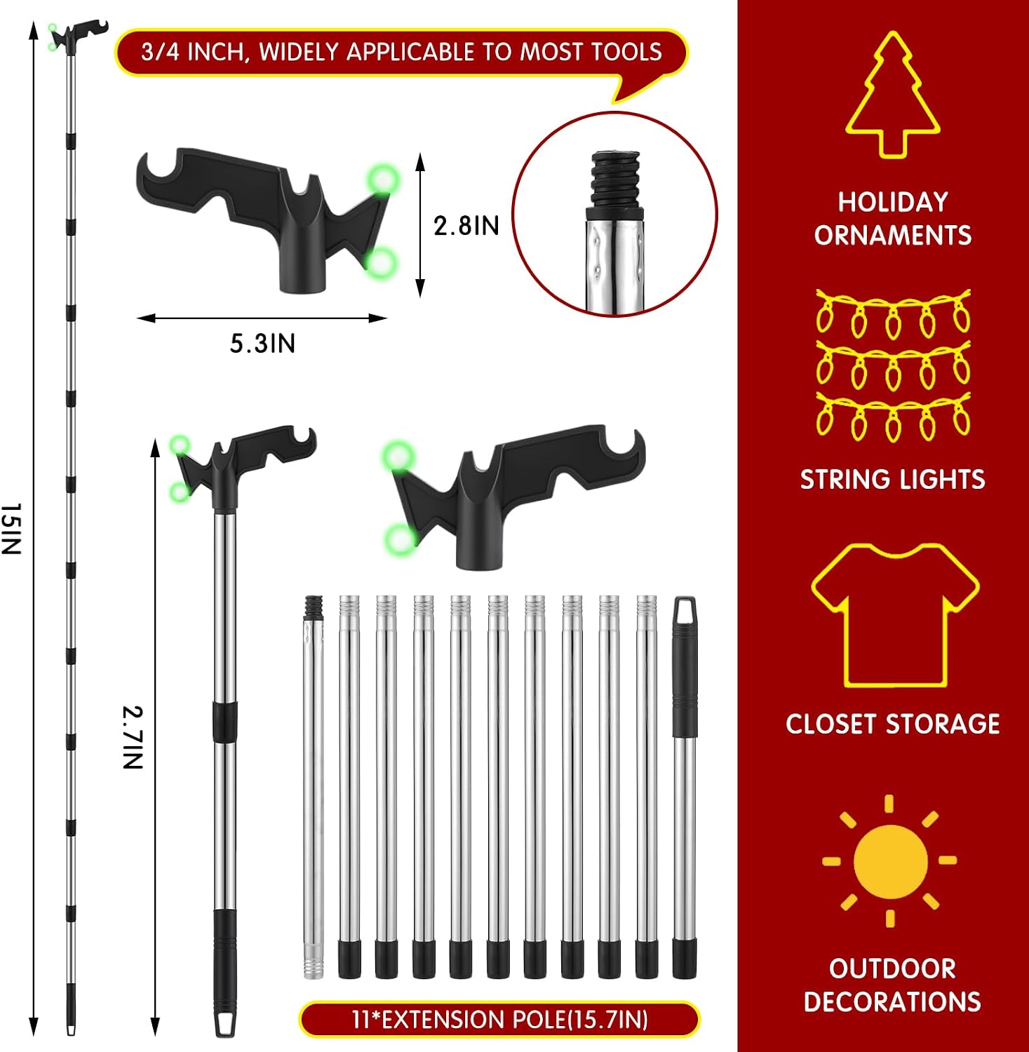 Bucherry 3-15 ft Christmas Light Hanger Pole with Night in Glow Utility Hook Extension Pole Christmas Lights Telescoping for Xmas Lights Installation Multi Purpose Rod with Universal Thread