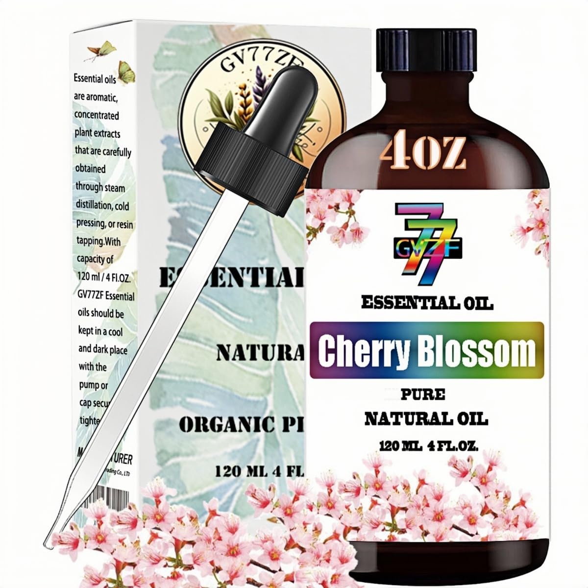 GV77ZFCherry Blossom Essential Oil 4 Fl Oz (120Ml) - Pure and Natural Fragrance Oil Cherry Blossom Oil for Diffuser,Skincare,Hair Care,Cleaning,Personal Care,Massage,Meditatio,Yoga,Sleep,DIY Candle