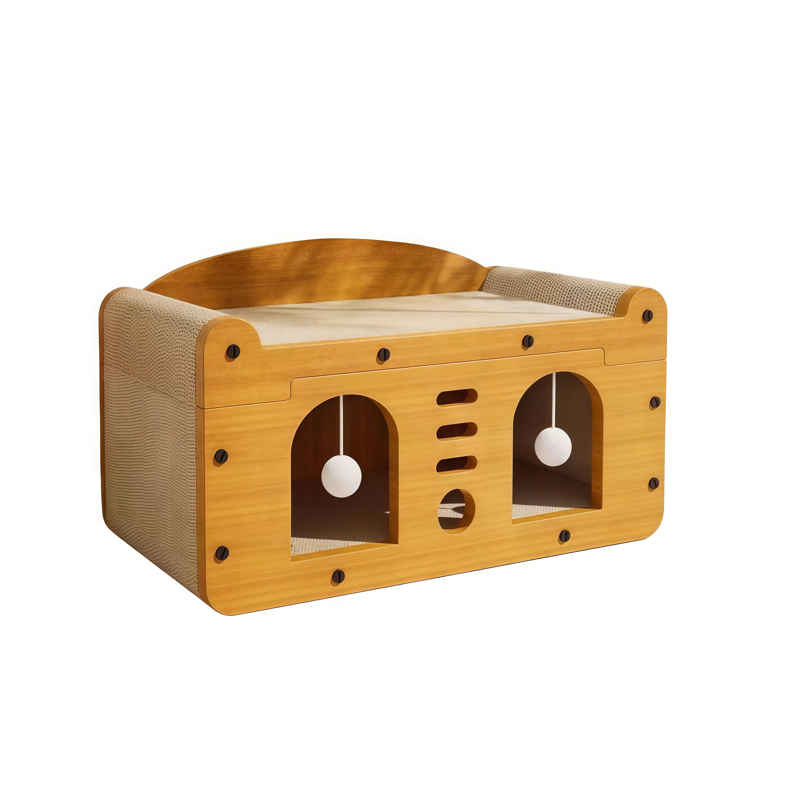 Modern Cat House with Scratching Post, made by environmental protection plate, Beige color Surface, Multi-Level Design with Hanging Toys