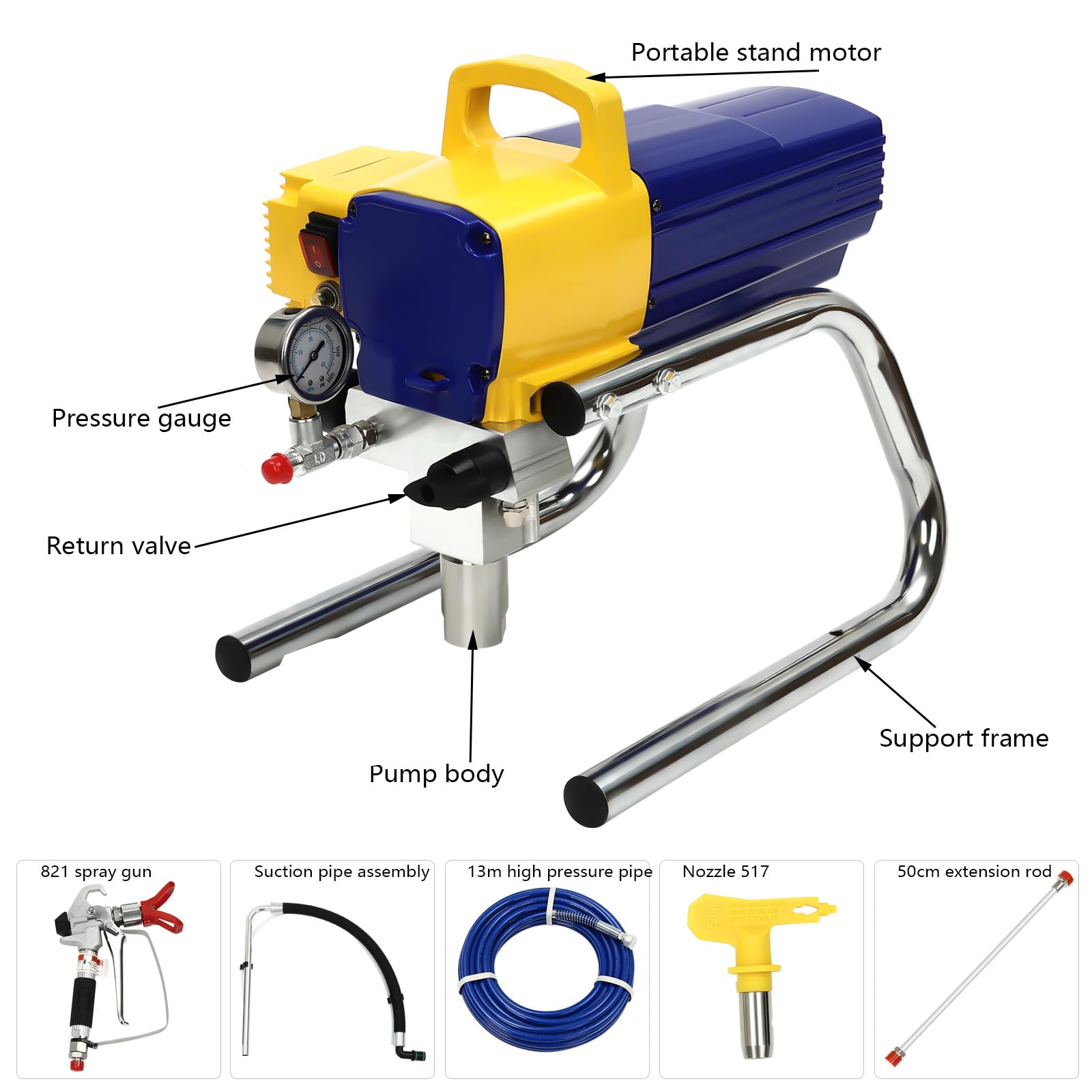 Pulverizador de pintura sin aire, portátil, 1800 W, 3600 psi, pulverizador eléctrico de alta eficiencia, pulverizador de pintura, pulverizador de pintura sin aire de alta presión con 13 m de longitud