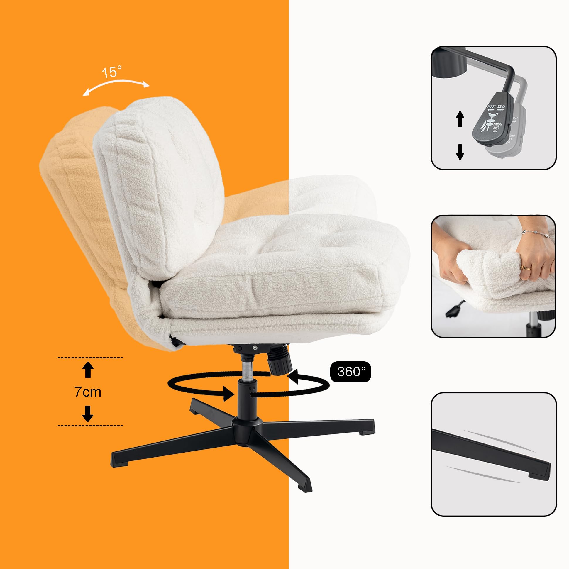 MEUBLE Cosy Sillón Giratoria 360° Butaca de Salón Función de Inclinación Silla Altura Ajustable con Asiento Grueso Respaldo sin Reposabrazos Ruedas en Tela de Bucle Blanco