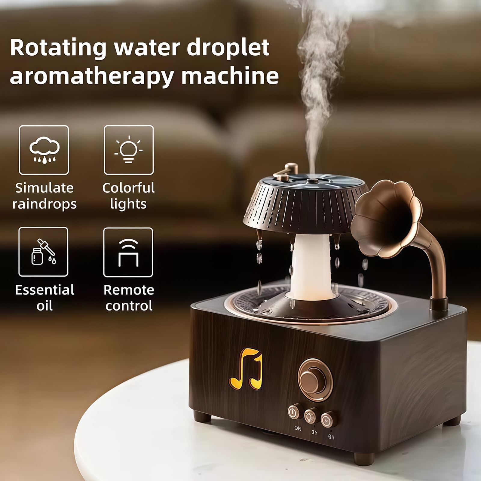 Diffuseur de disques vintage, machine à bruit blanc avec Bluetooth, diffuseur d'huiles essentielles rotatif pour chambre, lumières LED 7 couleurs, grand diffuseur d'humidificateur de 250 ml avec