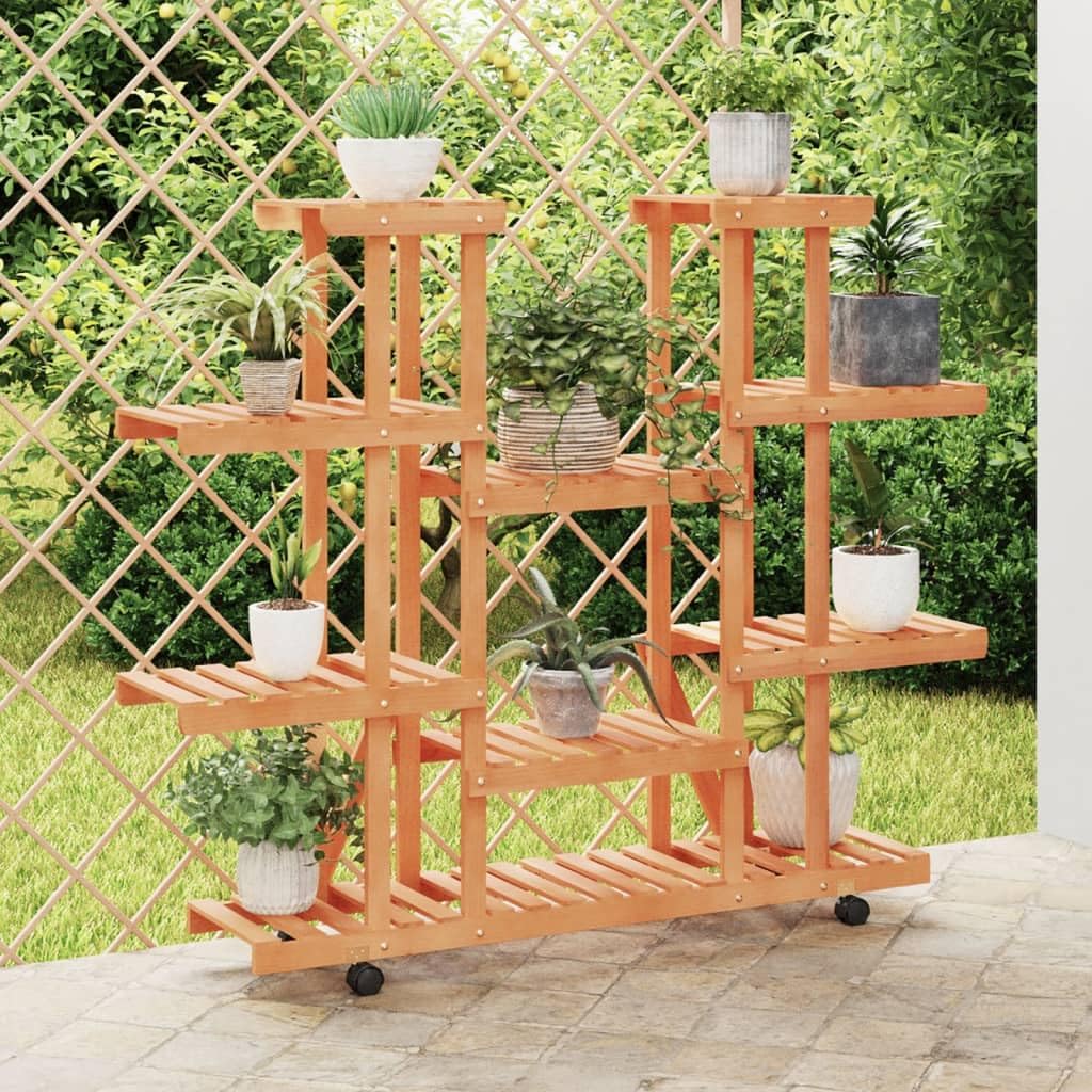 Blumenständer mit Rollen 110x25x115 cm Pflanzenregal Holz Indoor Outdoor Mehrstöckig Pflanzentreppe Tannenholz Symmetrisch Blumenregal für Wohnzimmer Balkon Terrasse Natur