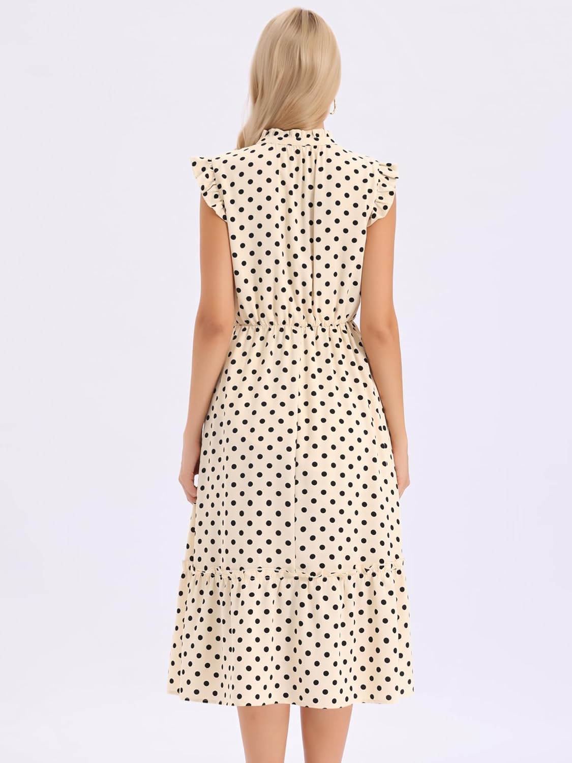 Allegra K Polka Dots Midi Dress for Women's Peasant Tie Neck Ruffle Sleeve Dresses - Image 2
