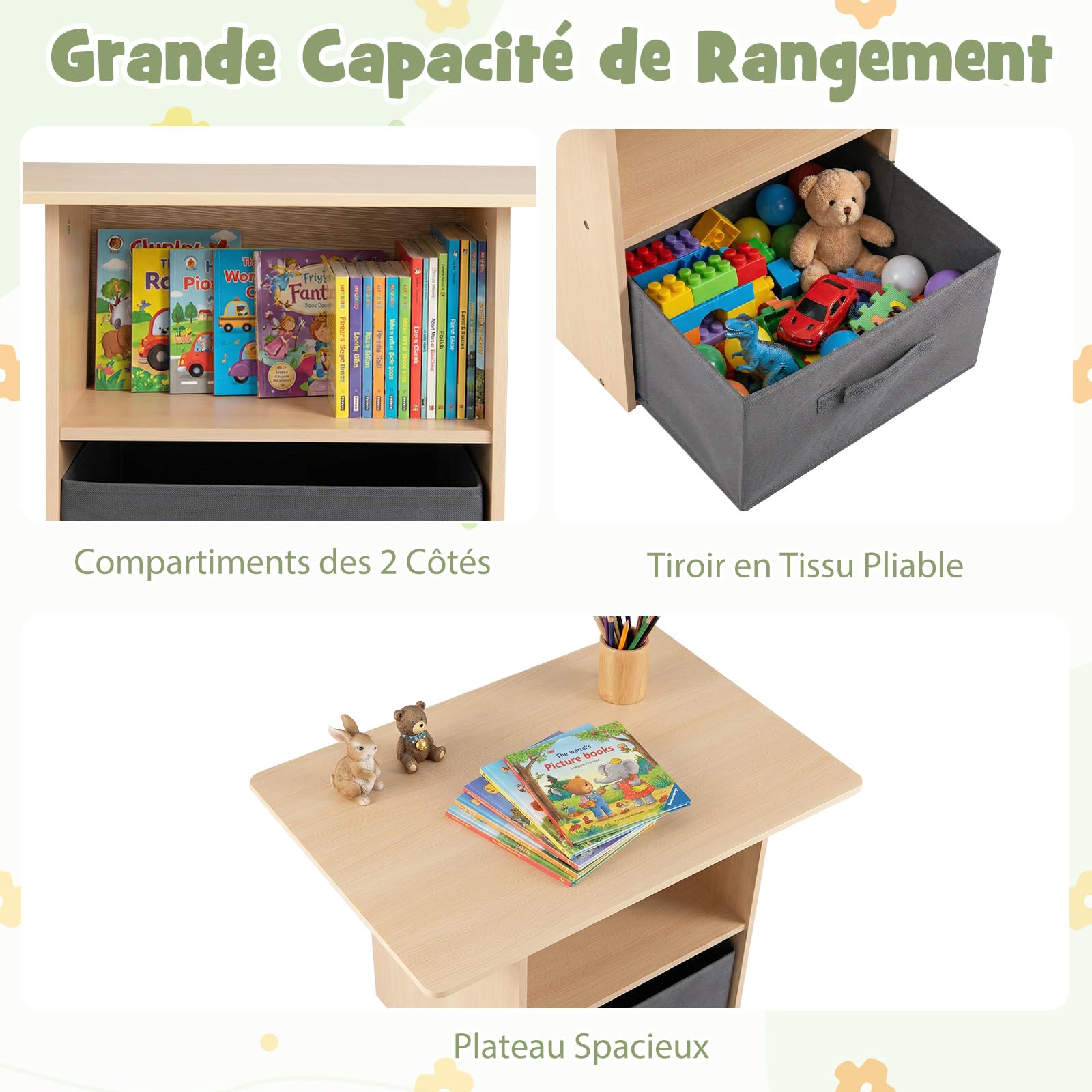 COSTWAY Table Enfant avec 2 Chaises en Bois, Bureau pour Dessiner Jouer, Charge 20/30kg, 3 Ans+