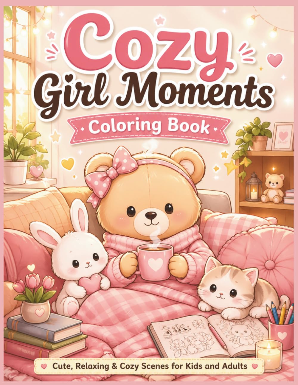 Cozy Girl Moments Coloring Book: Cute & Relaxing Kawaii Animal Scenes for Kids and Adults | Bold & Easy Cozy Coloring Pages for Stress Relief