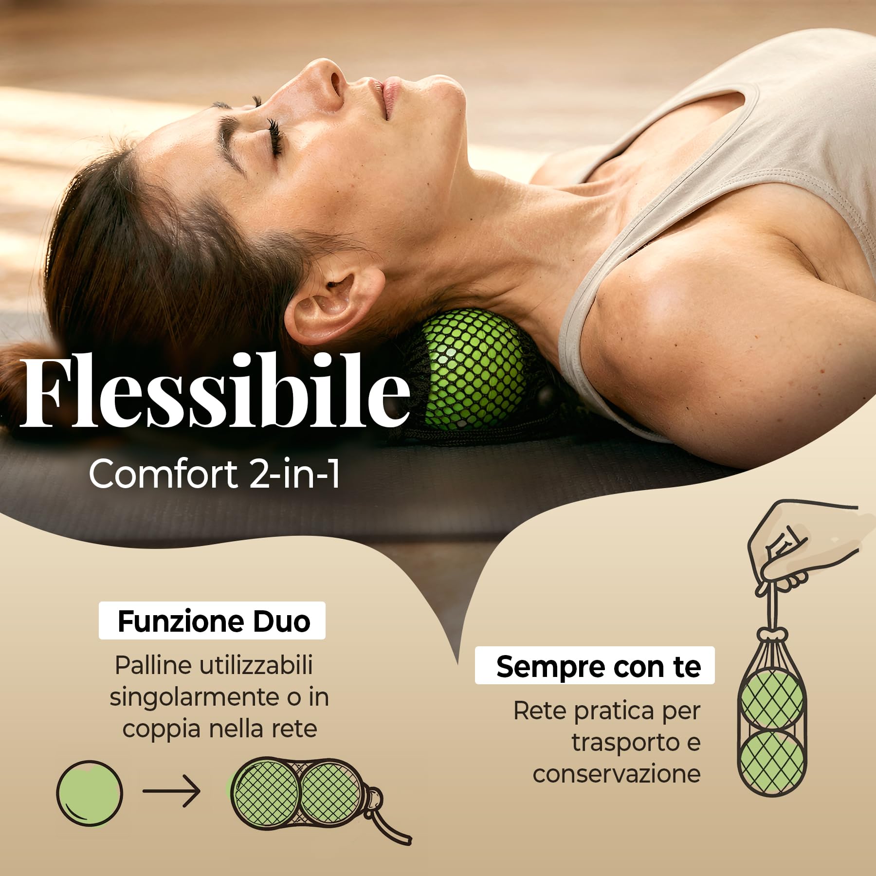 Pallina da massaggio in caucciù naturale, set da 2 pezzi, conrete inclusa, dimensioni delle palline 6,3 cm/7,2 cm, piacevolmente flessibile, ideale per automassaggi e massaggi delle fasce muscolari