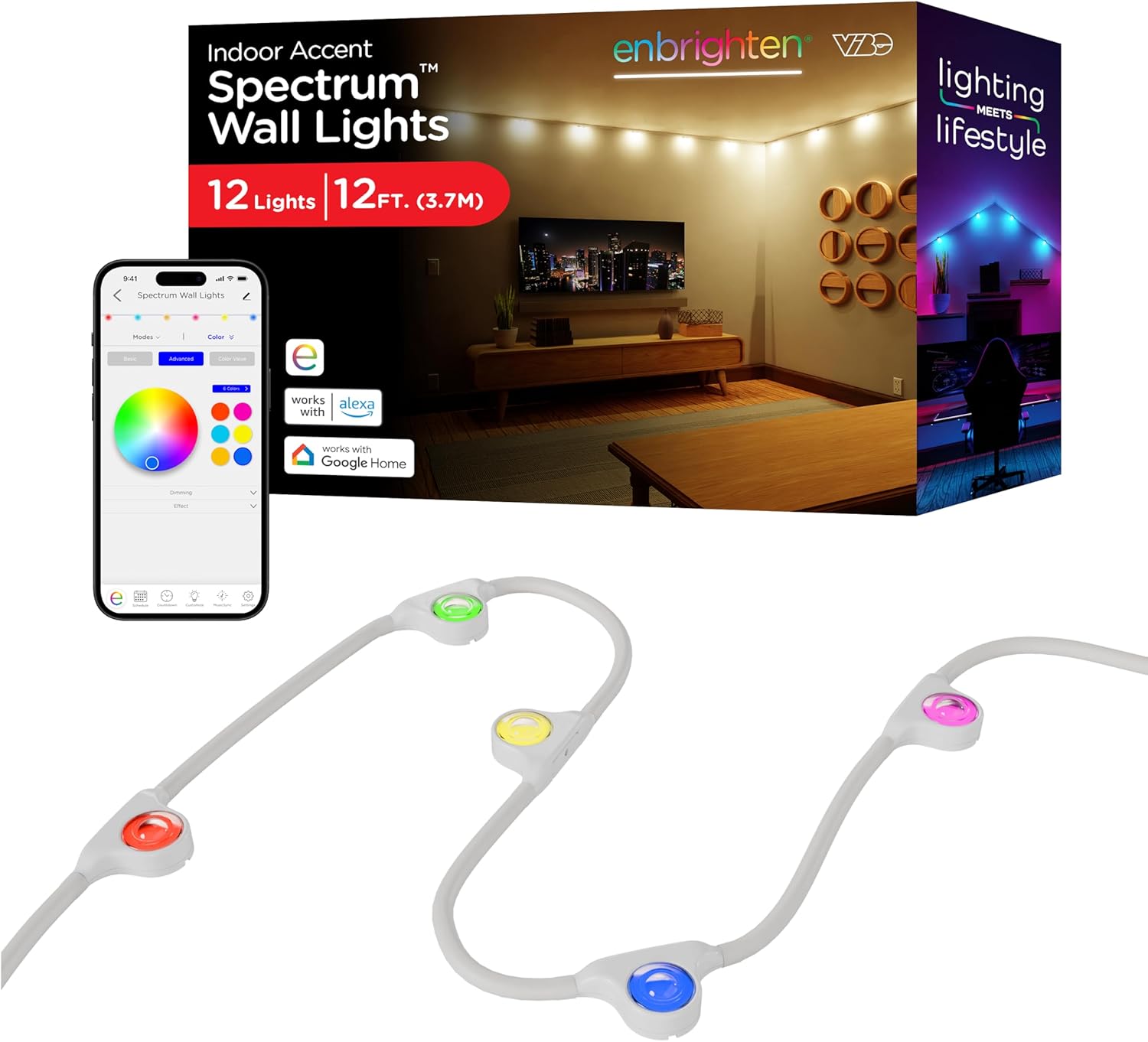 Enbrighten Vibe Spectrum Smart Indoor String Downlights Color Changing LED Wall Lights, Compatible with Alexa & Google Home, Music Sync, 12ft with 12 Lights, White 85832 Enbrighten Vibe Spectrum Smart Indoor String Downlights Color Changing LED Wall Lights, Compatible with Alexa & Google Home, Music Sync, 12ft with 12 Lights, White 85832