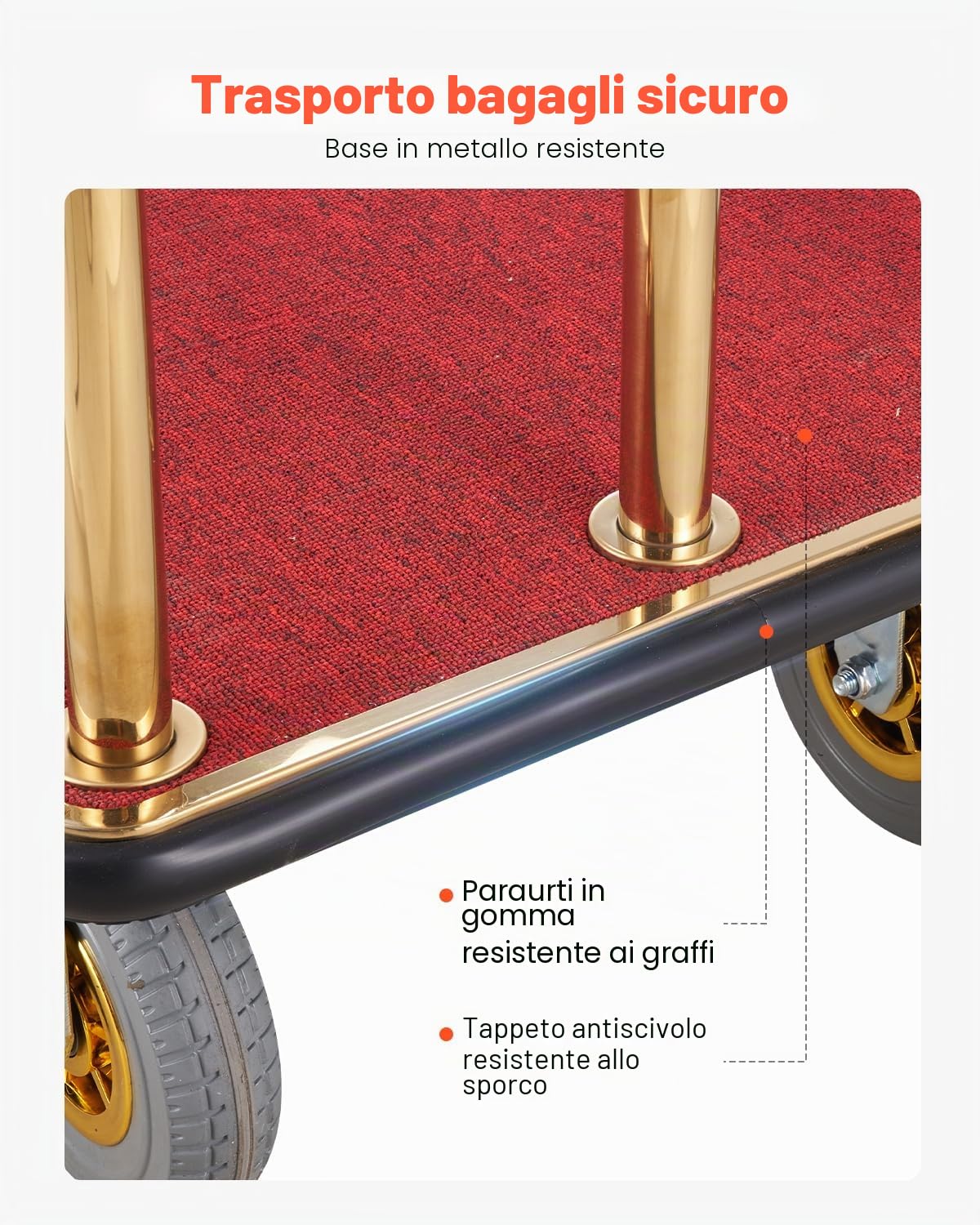 VEVOR Carrello Portavaligie per Hotel, Carico 680 kg Carrello Trasporto Portavaligie in Acciaio Inox Spazzolato con Montanti Curvi, Ponte in Moquette Rossa, Ruote in Gomma 203,2 mm per Hotel Condomini
