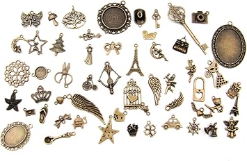 ALL in ONE Mixed Antique Bronze Alloy Pendants Beads Charms Chains Connectors Jewelry Findings Animal, Tree, Flower, Star, Love, Crown, Key, Lock, Cross, Angel, Wing 100pcs, Antique Bronze
