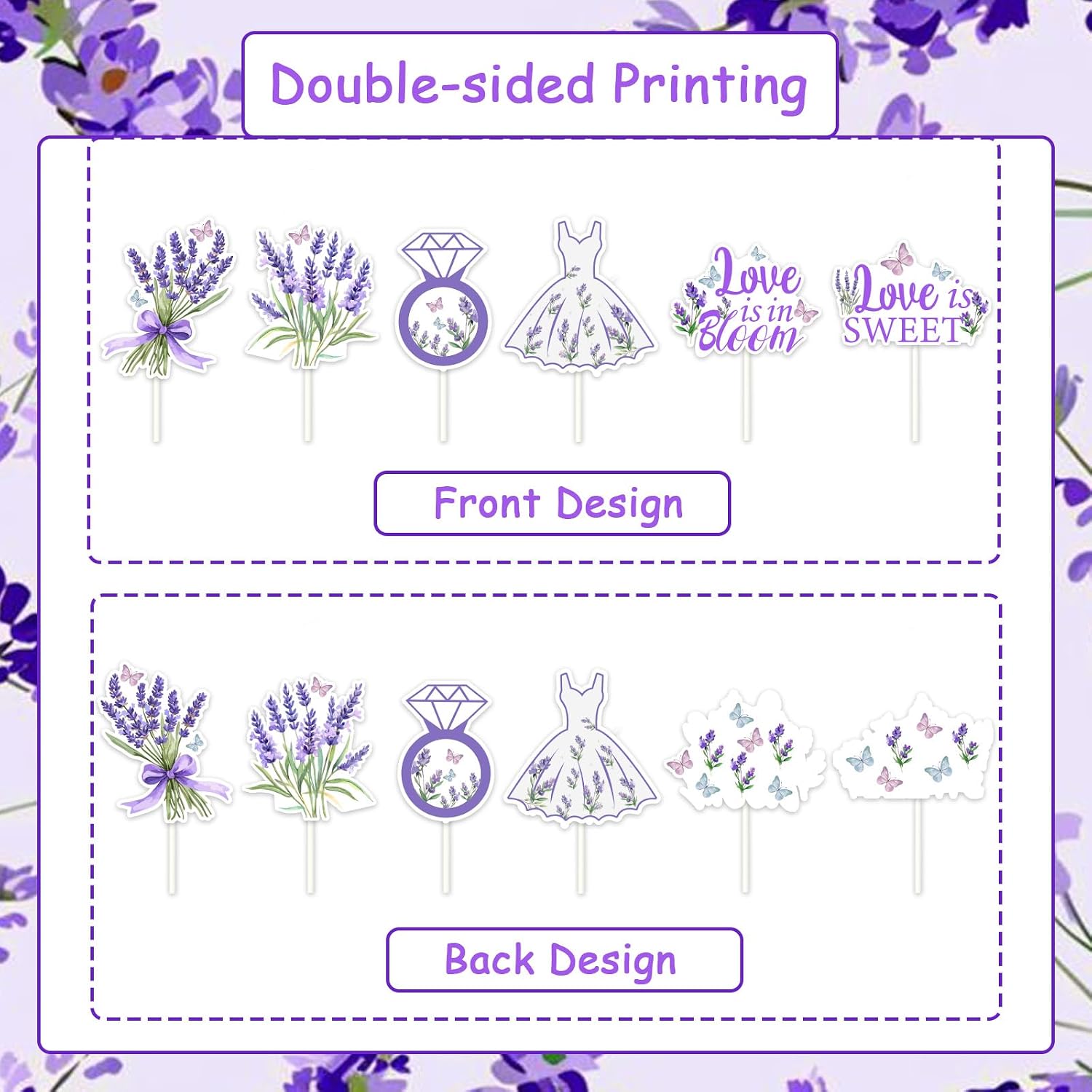 36 Pcs Lavender Bridal Shower Cupcake Toppers, Purple Flower Bachelorette Party Decorations Cupcake Picks, Lilac Floral Ring Dress Butterfly Supplies Women