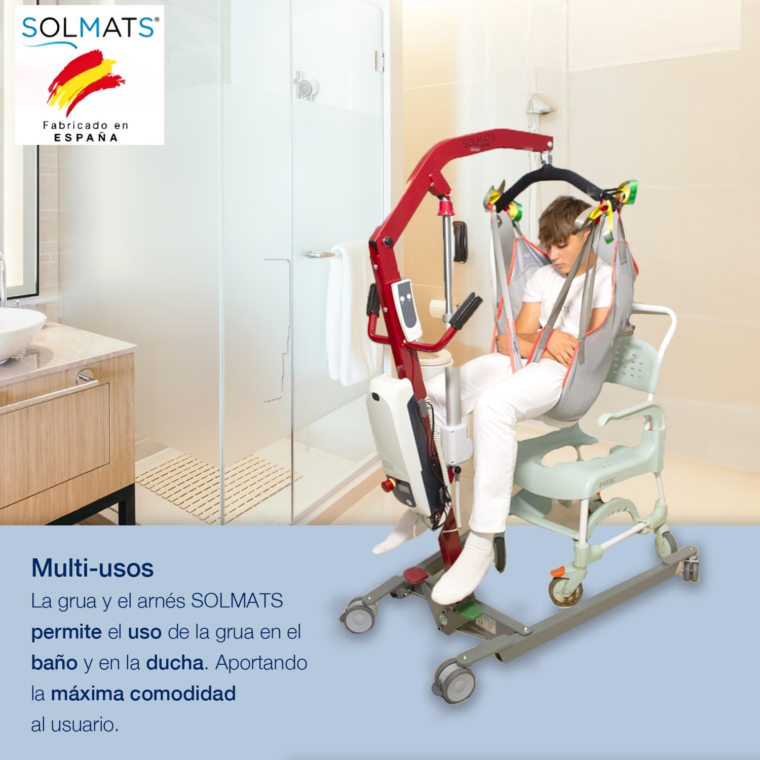 Grúa eléctrica, Grúa personas mayores, Grúa para enfermos, Elevador de pacientes, Marca Española, Solmats, Soporta 150 kg, Arnés Incluido, Personas Mayores, Segura, Plegable, Fácil de Usar