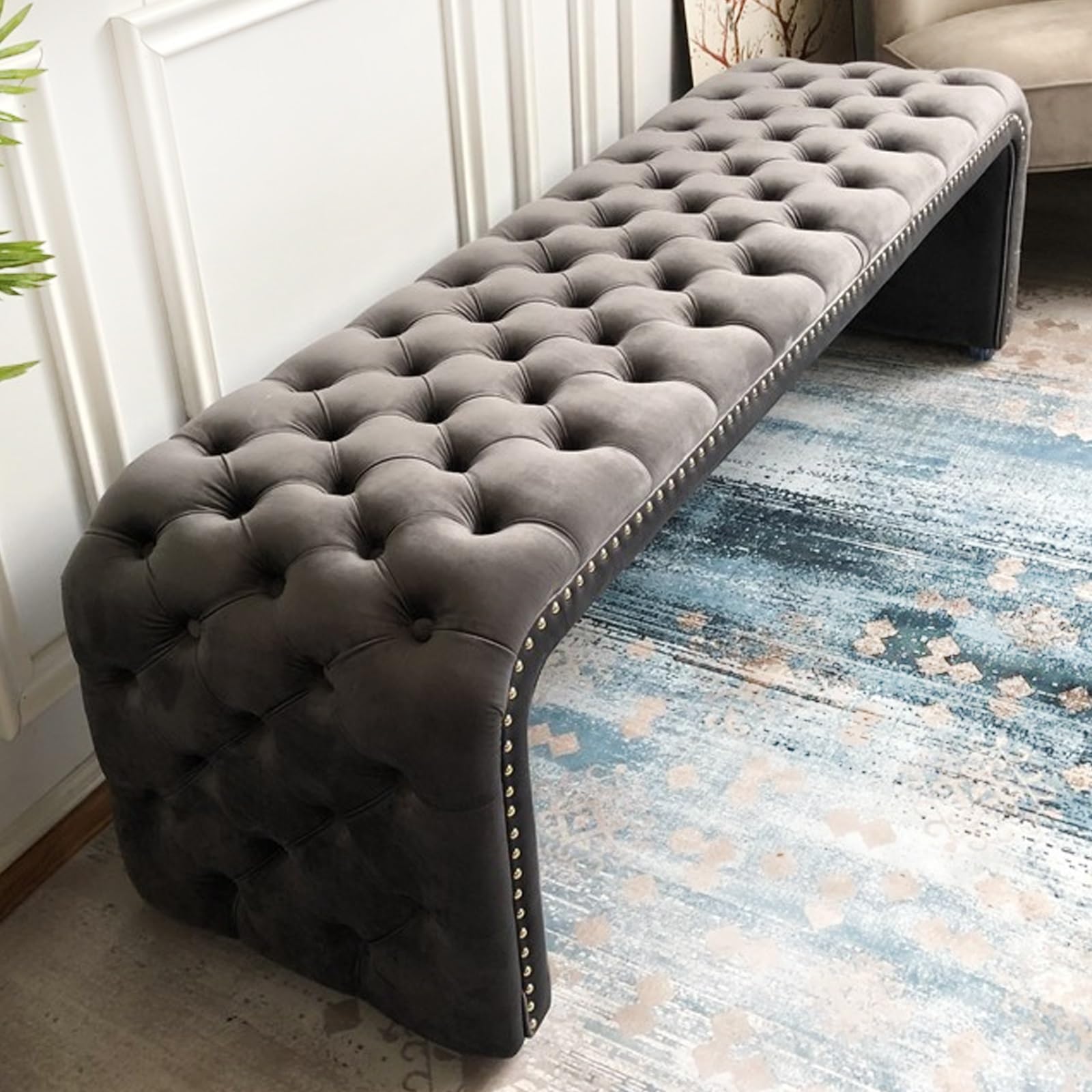 MSHGSKU Modern Gray Shoe Bench with Upholstered Footrest Tufted Storage Ottoman for Entryway Living Room Dining Room 31.49in (80cm) Stylish Furniture Piece