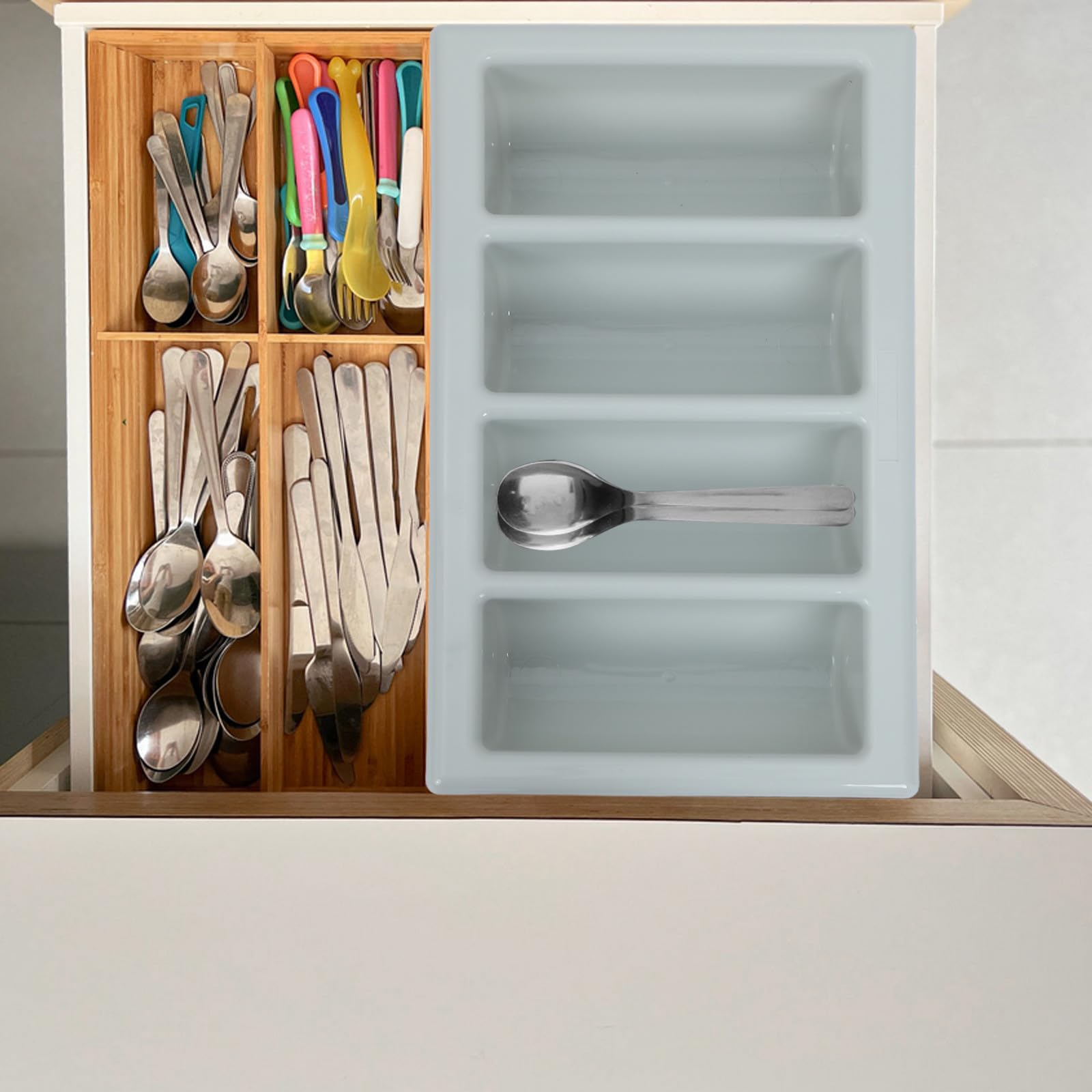 Caja de para Cubiertos con Tapa, Bandeja organizadora de Cubiertos con 4 Compartimentos para Utensilios de Cocina, Almacenamiento de (Tenedores,) para el hogar y restaurantes.