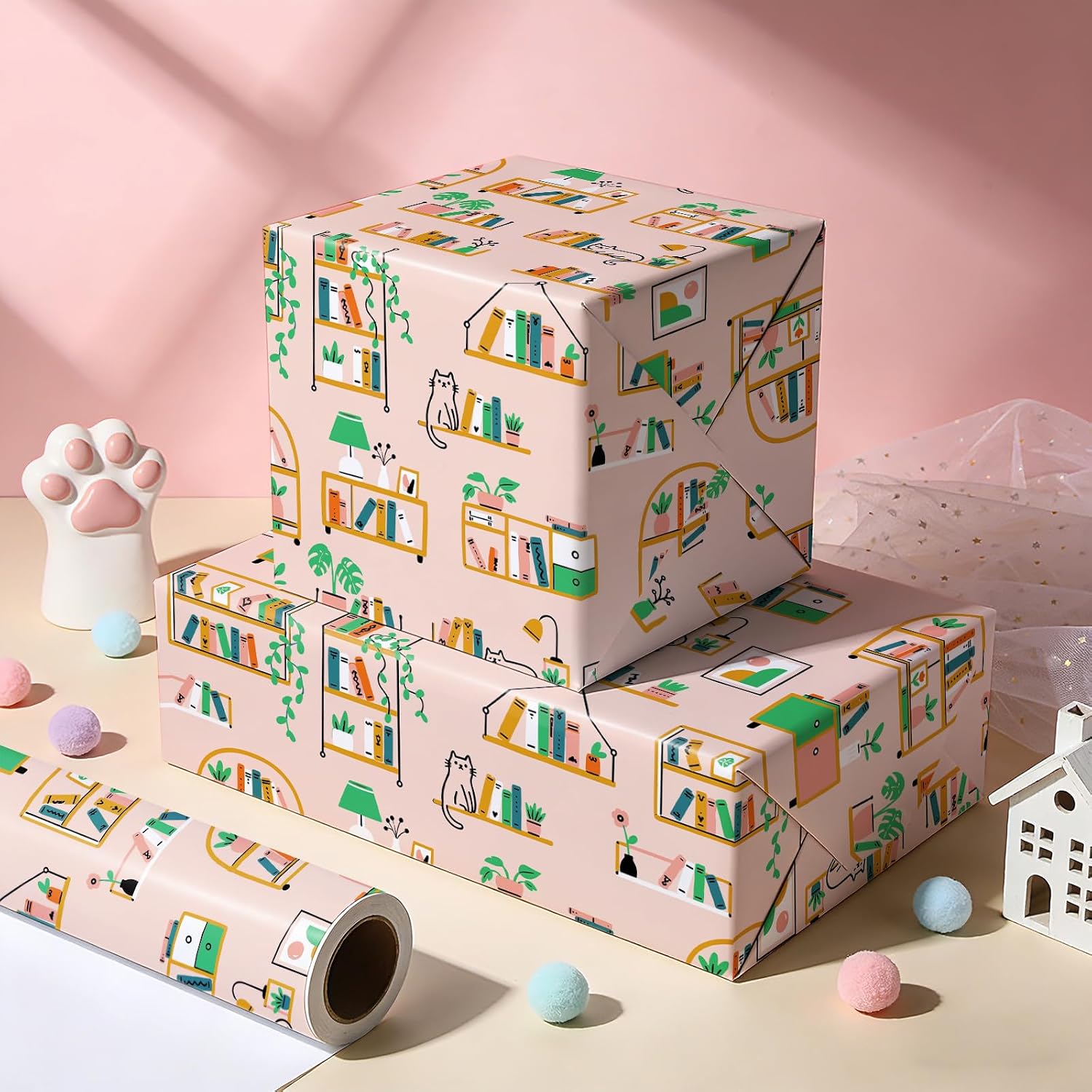 WRAPAHOLIC New Home Wrapping Paper Roll - Mini Roll - 17 Inch x 33 Feet - Bookshelf Cat Design, Perfect for Birthday, Warm House Gift Wrap, Book Lover image 5