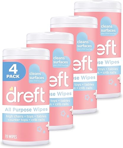 Dreft Toallitas de limpieza suaves multiusos multiusos para juguetes de bebé asiento de automóvil silla alta y más 70 unidades paquete de 4