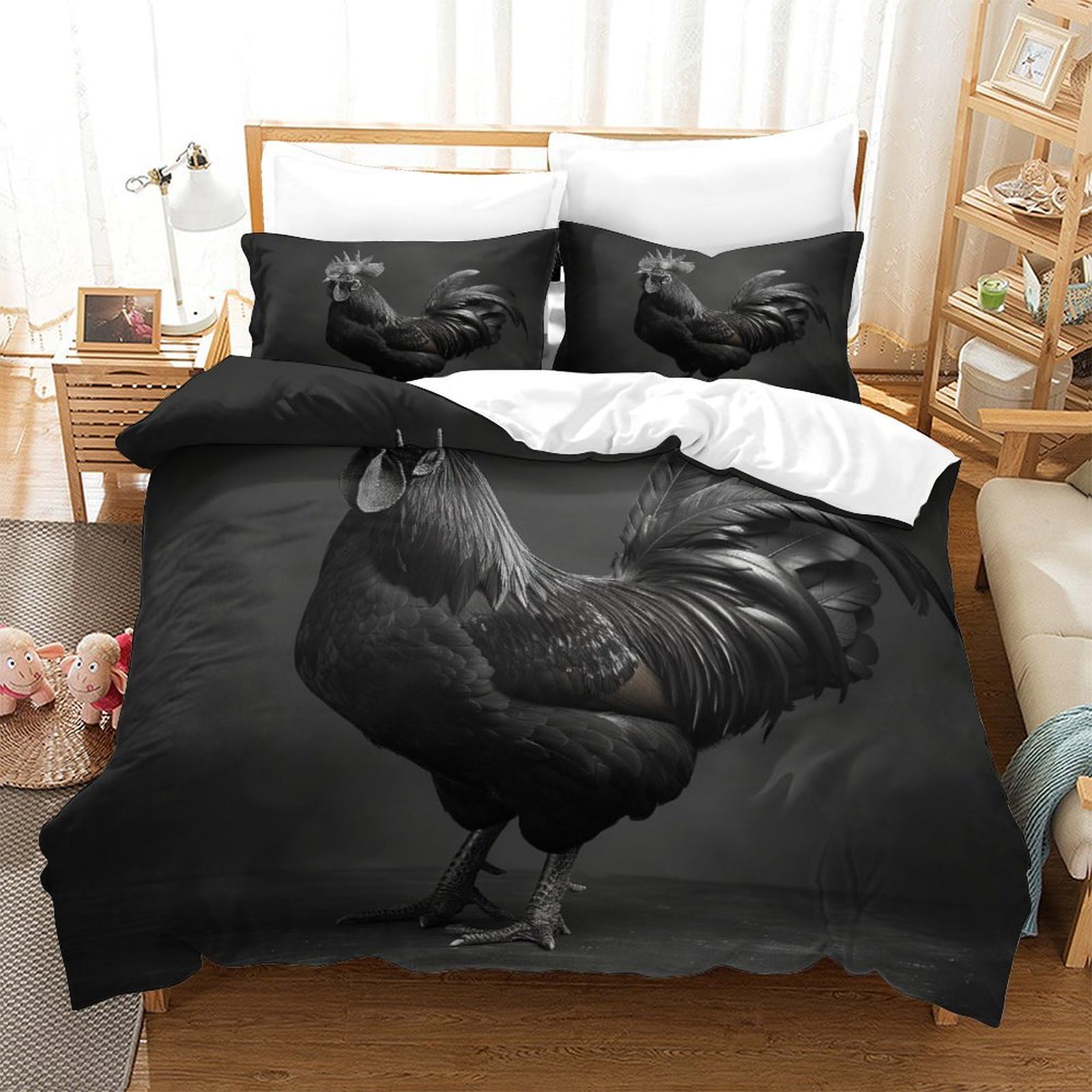 P1s9u7w5y Gallic Rooster-4 3D Printed Black Rooster Duvet Cover Set 3Pcs Microfiber Chicken Bedding Set King（220X240cm）