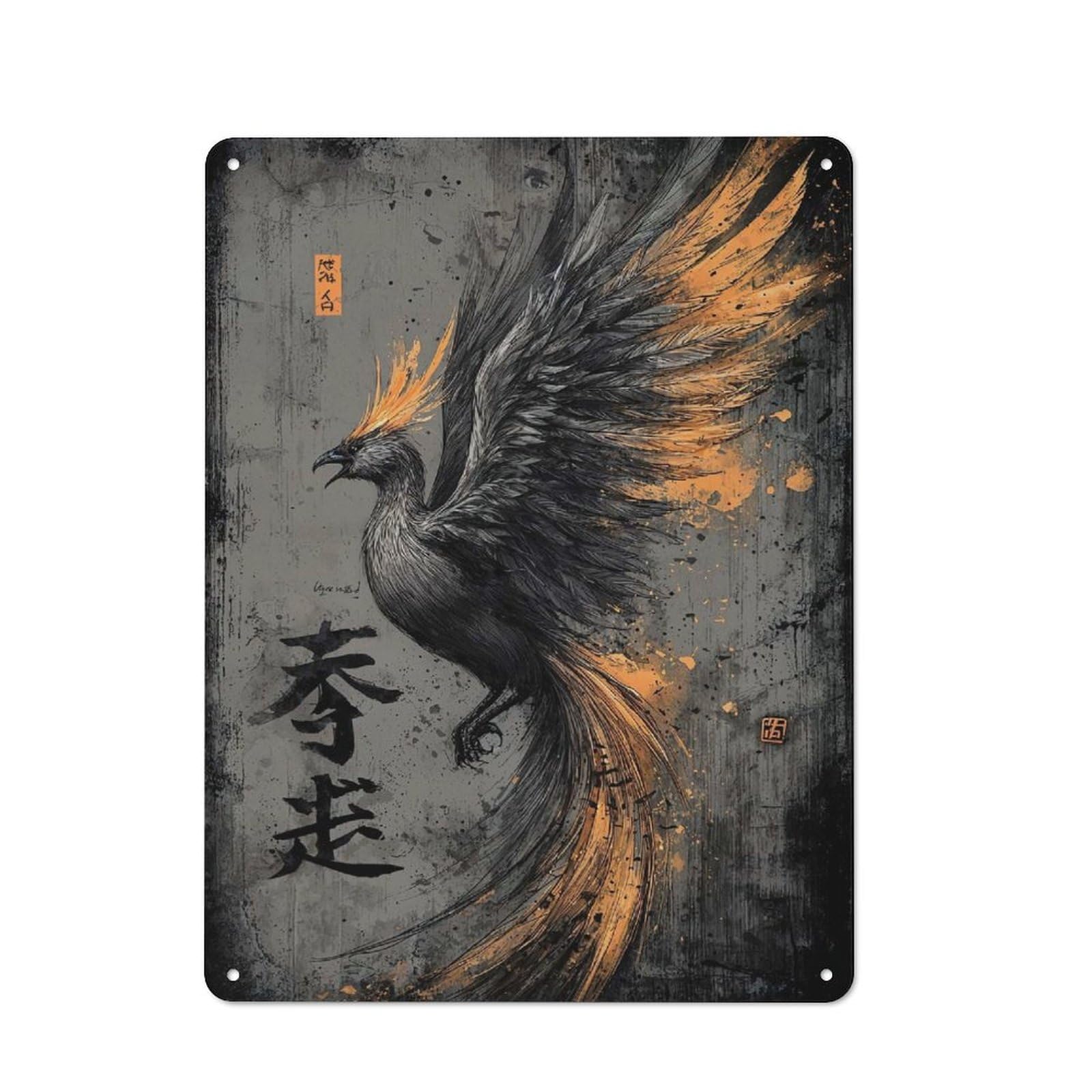 Junmoney Style-17 Tin Wall Plaque 40X30cm With Phoenix Rising Black And Gold Illustration For Bar Or Restaurant, For Hospitality Decor Collectors