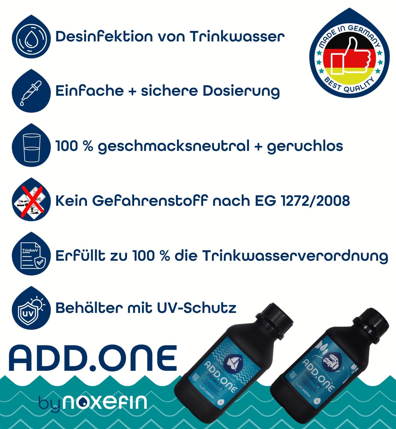 ADD.ONE Trinkwasserdesinfektion & Biofilmabbau, 1 L | für Wohnwagen, Camping, Outdoor, Tiere und Boote - genug für 100L - Kein Gefahrenstoff - 100% Geschmacksneutral