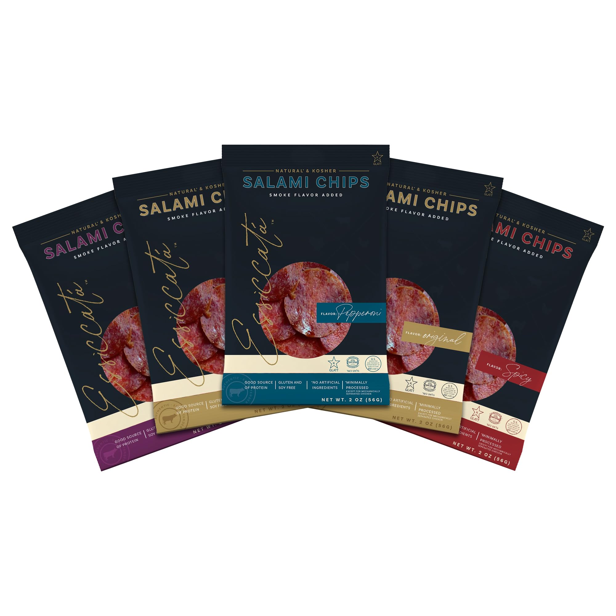 Meats Kosher Salami Chips - Sliced Sausage, Charcuterie Meat - Natural Friendly - 2 oz, Variety, 5 Pack
