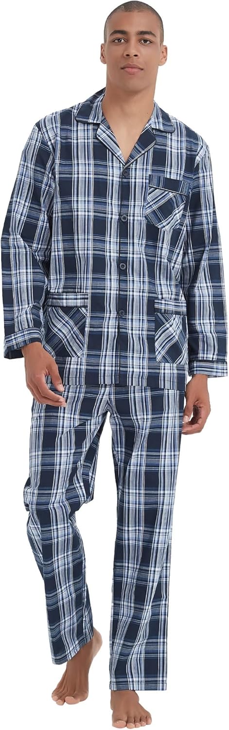 Men Cotton Pajama Set For Men 2 Piceces Plaid Comfy Nightwear PJS With Pockets - Image 2