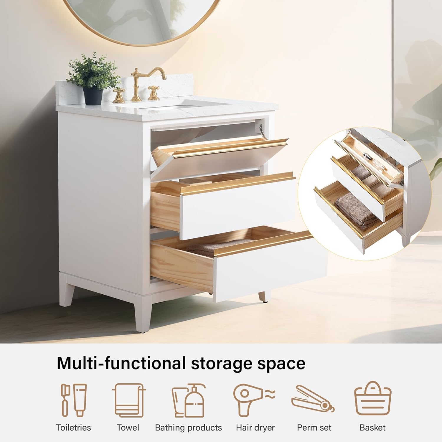 HOMEBEYOND 30 Inch Bathroom Vanity with Sink & Ceramic Top, Vanity Cabinet with Solid Wood Frame, Soft-Closing Doors, Drawers, White