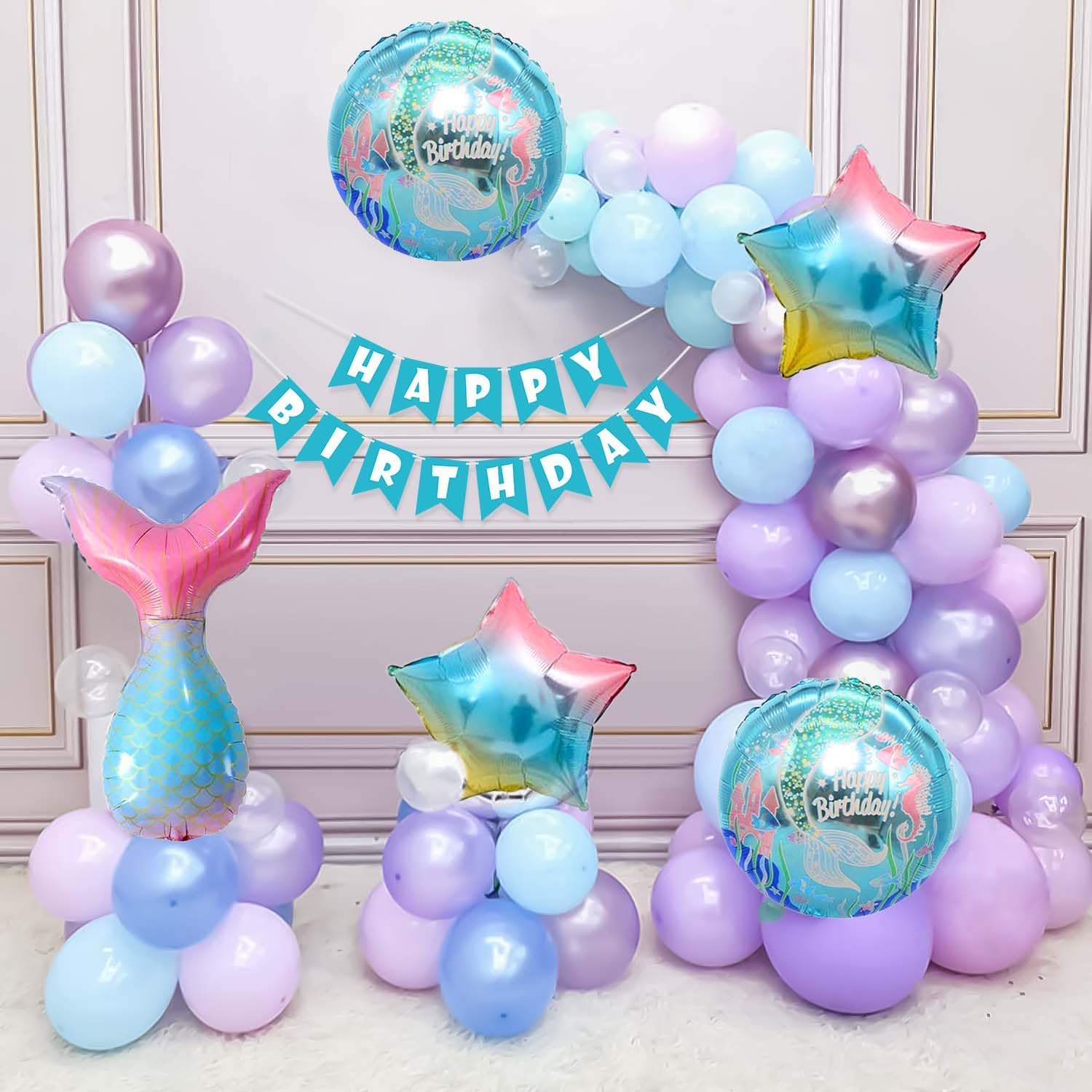 SpecialYou.in Birthday Decoration Items For Girls With Mermaid Theme Foil Balloon Set, Happy Birthday Paper Banner, Purple, Pearl White And Blue Balloons- 68 Pcs